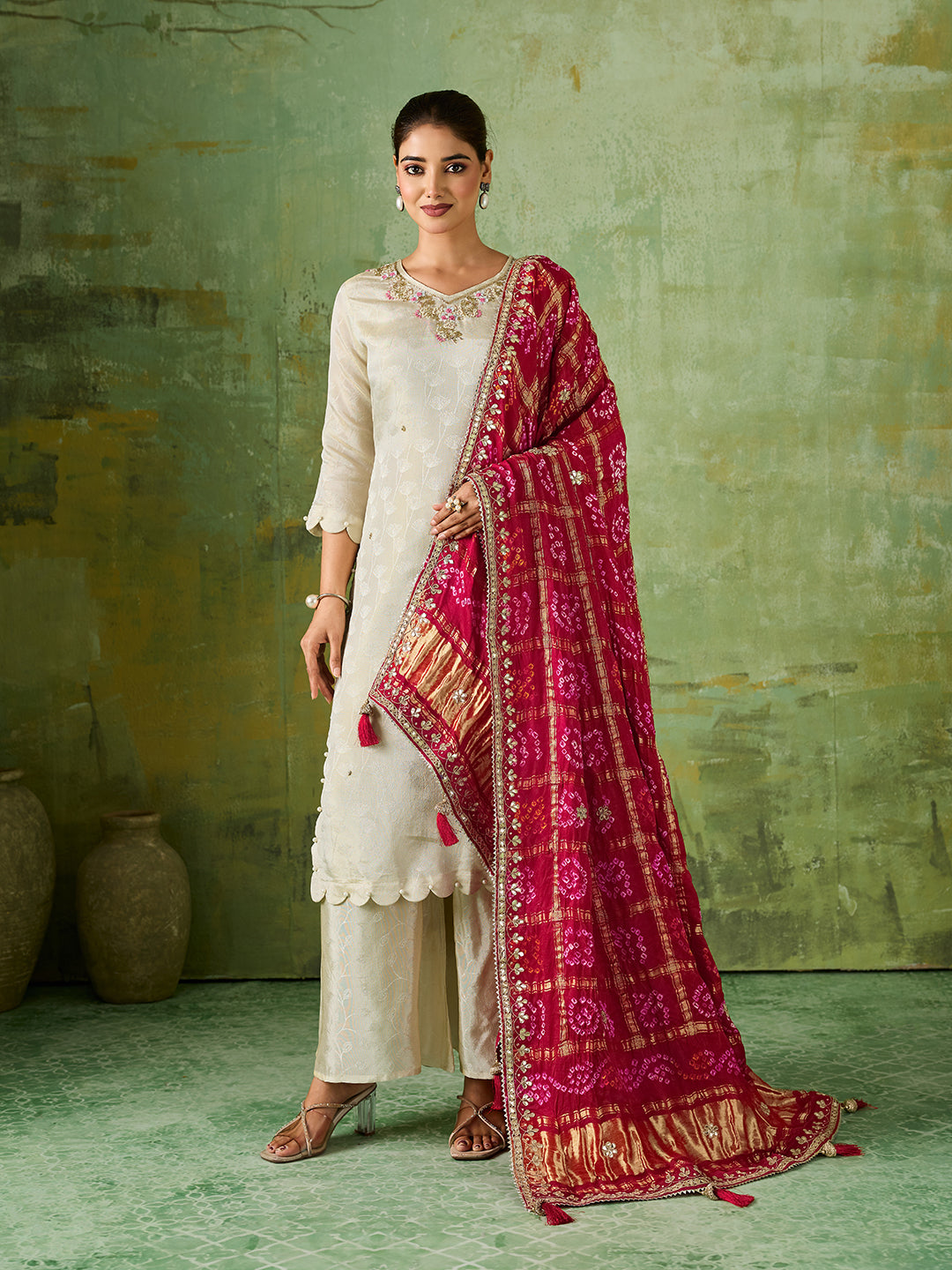 KcPc New Elegant Gaji Silk Bandhani Style Dupatta with Rich Gota Patti Work AMT