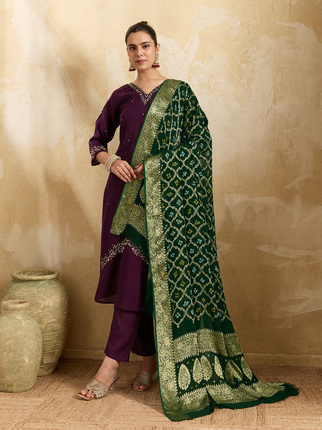 KcPc Pure Georgette Banarasi Bandhani Dupatta Bottle Green