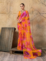 A vibrant orange and pink floral sareeGeorgette Flower Printed Style