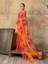 A vibrant orange and pink floral sareeGeorgette Flower Printed Style