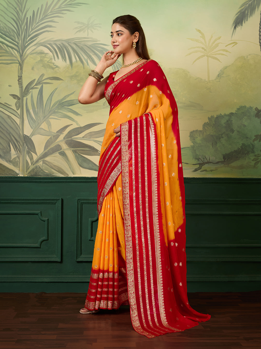 KcPc New Pure Georgette Jaipuri Tie Dye Zari Weaving Saree