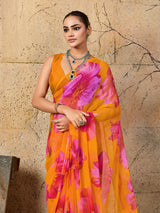 A vibrant orange and pink floral sareeGeorgette Flower Printed Style