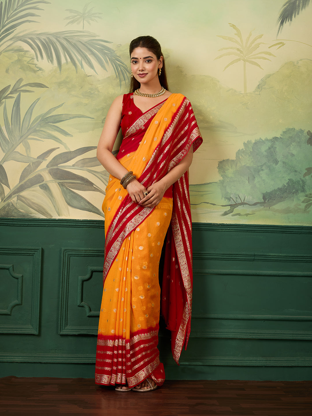 KcPc New Pure Georgette Jaipuri Tie Dye Zari Weaving Saree