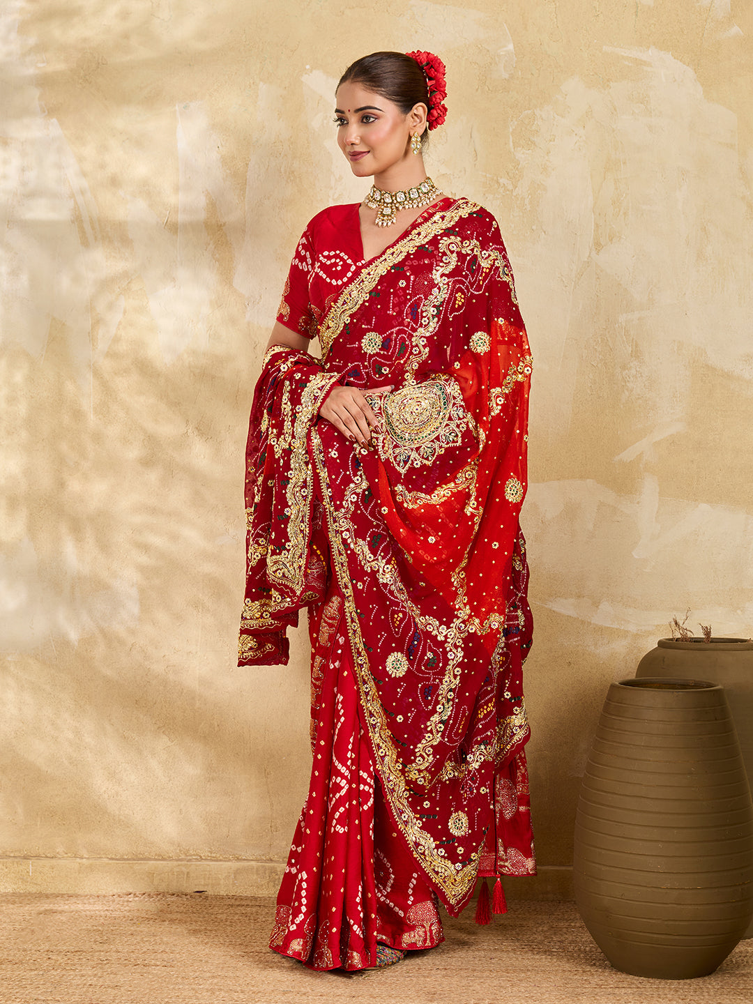 KcPc Latest Pure Georgette Rajasthani Chunri Dupattas Red Orange(pila)