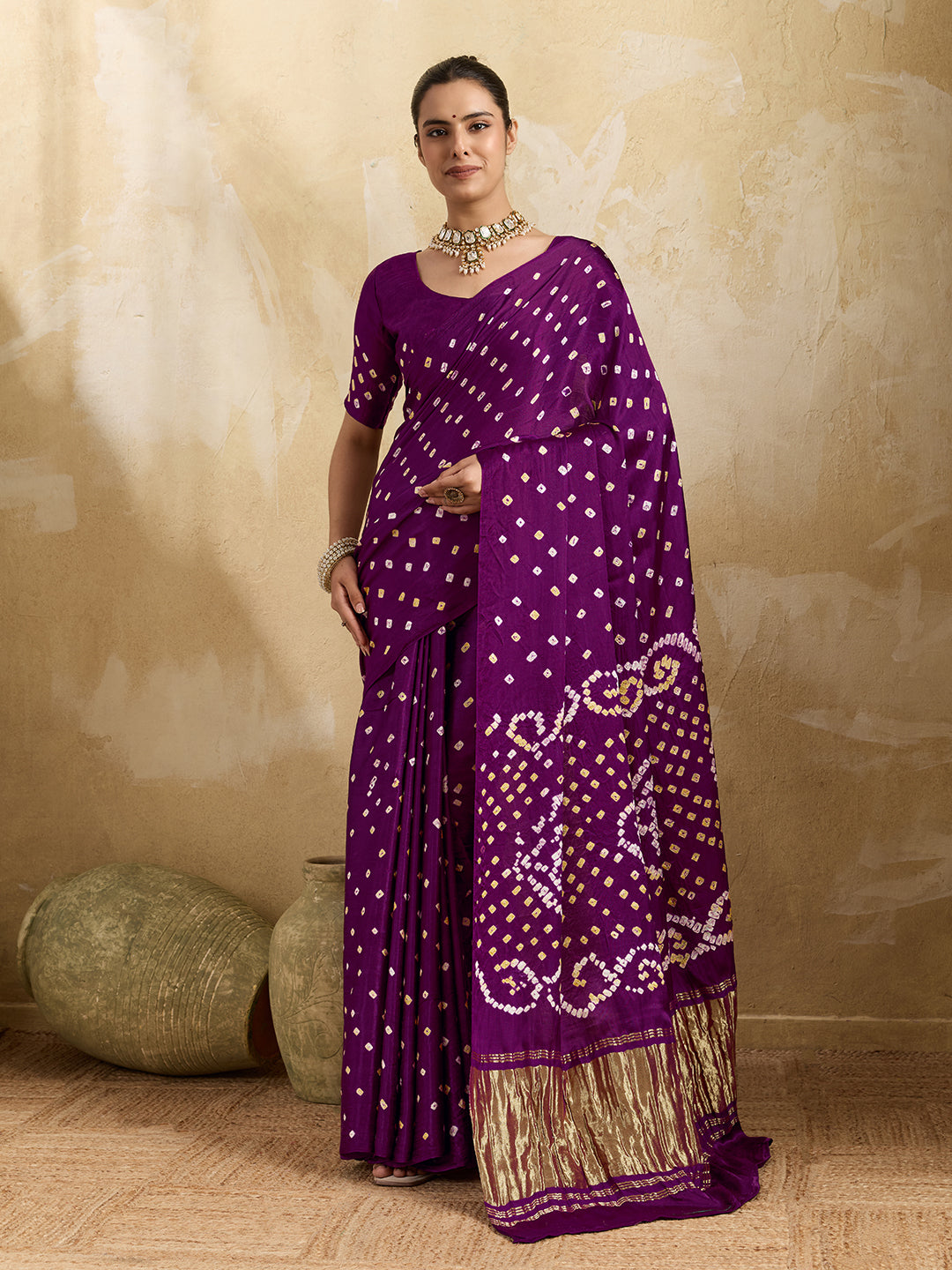 KcPc Modal Gaji Silk Bandhani Ekdana Handmade Bandhej Saree with Lagdi Patta Pallu RJB