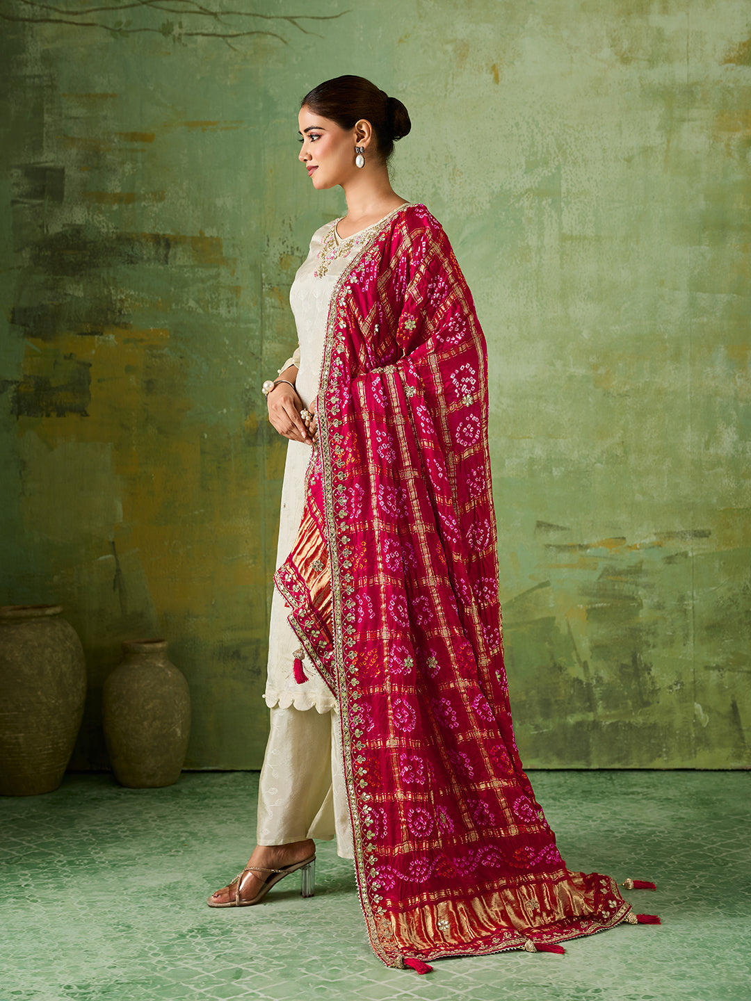 KcPc New Elegant Gaji Silk Bandhani Style Dupatta with Rich Gota Patti Work AMT