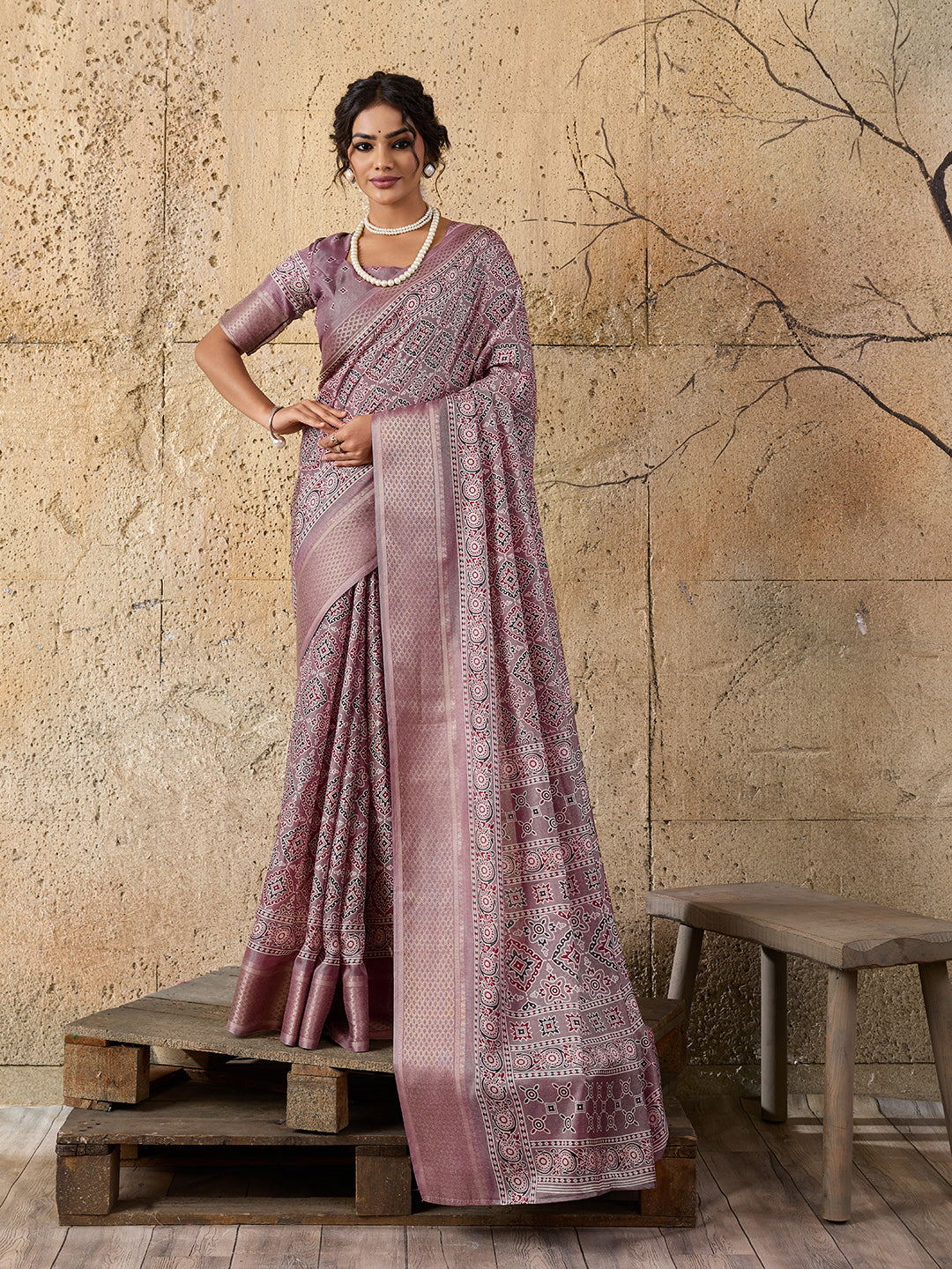 Buy Ajrakh style With Ajrakh HandPrint Work Saree