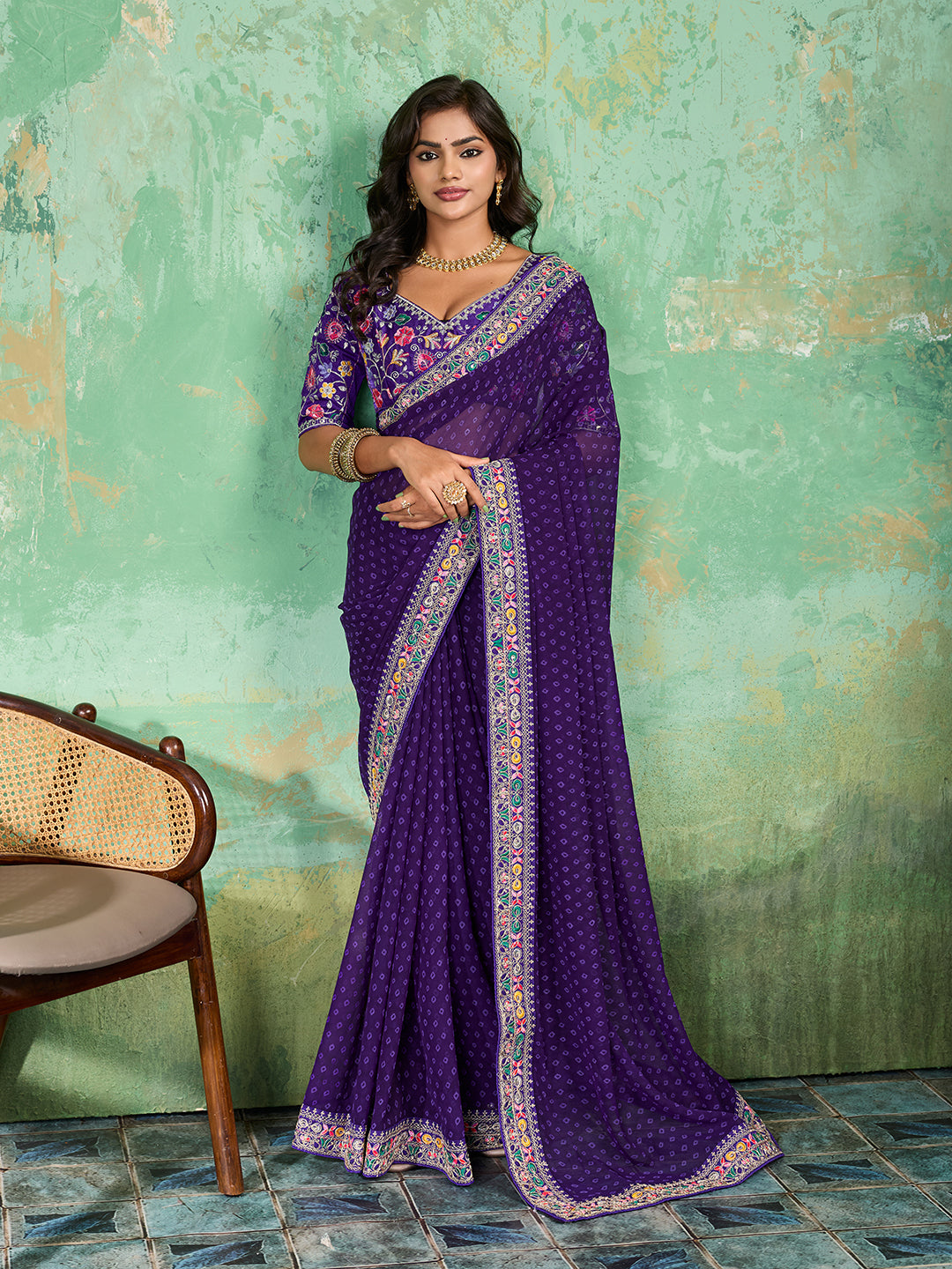 Georgette Bandhani With Gotapatti Work Sareein blue colour