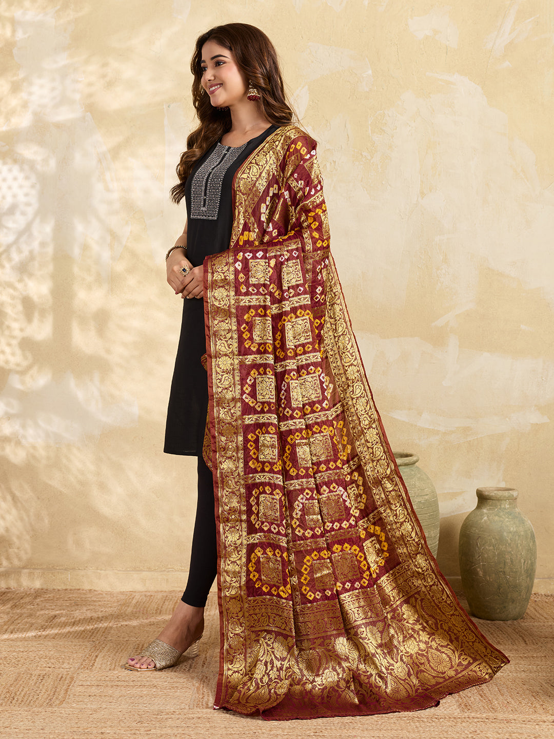 KcPc Royal Look Jacquard Silk Dupatta with Authentic Handmade Bandhani