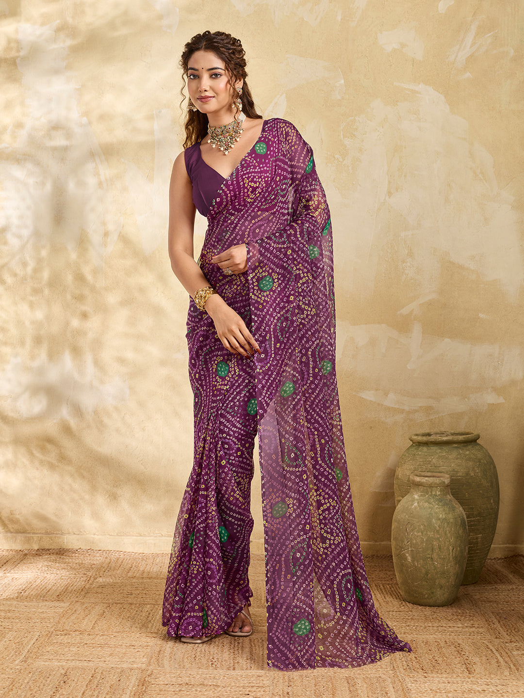 KcPc Rajwadi Style Royal Georgette Bandhani Sarees WineSTL