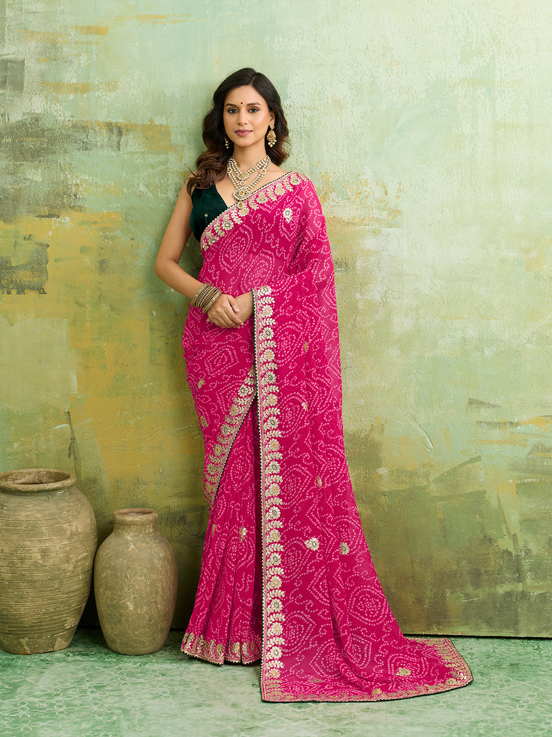 Buy Designer Georgette Bandhani Saree with Gota Patti Work Kcpc