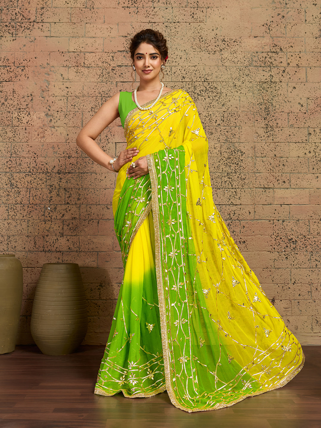 KcPc Pure Najmeen Chiffon Jaipur Hand Dye Saree with Gota Patti Work MHS