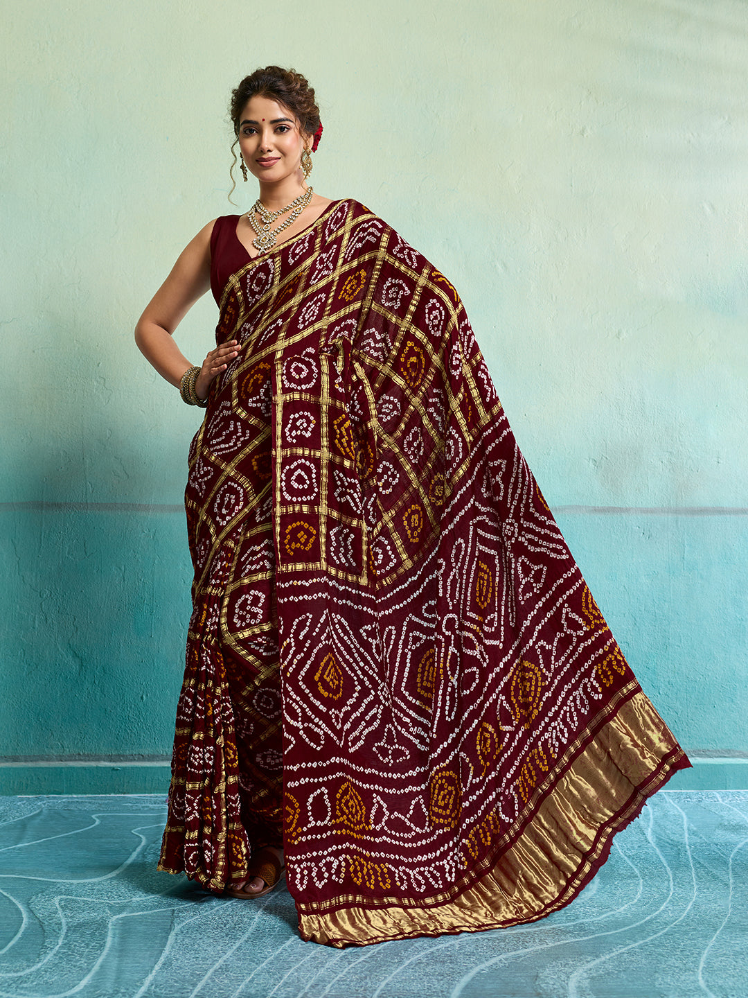 KcPc Pure Gaji Silk Bandhani Ghatchola SareeMehroon