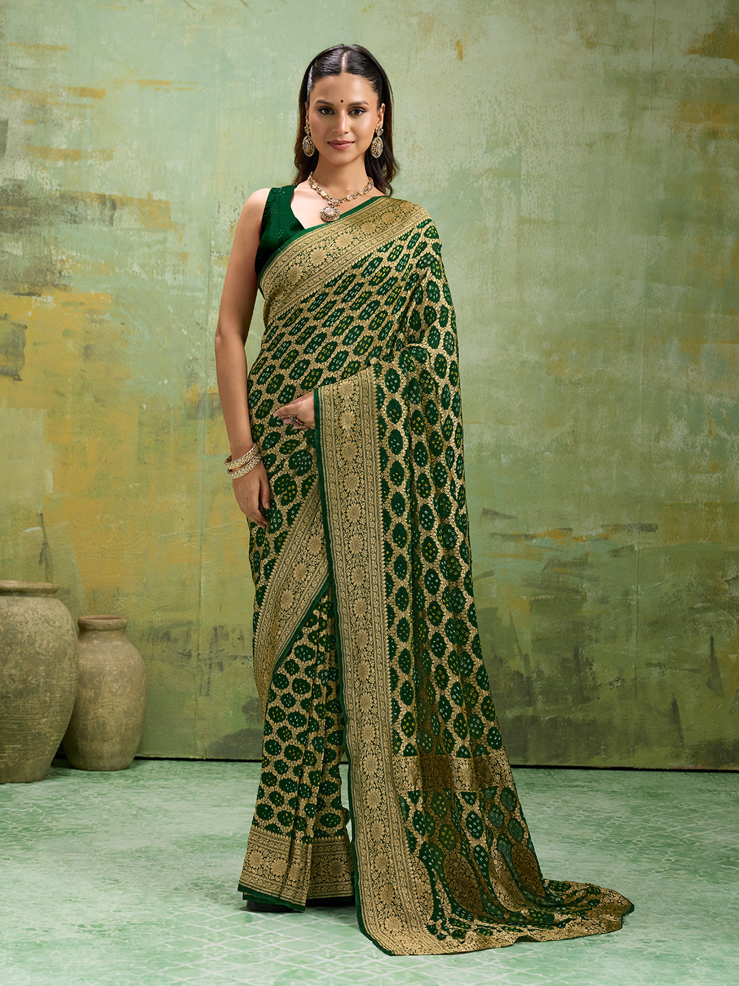 KcPc Latest New Launch Pure Khaddi Georgette Upada Neemzari Bandhej SareeBottle Green