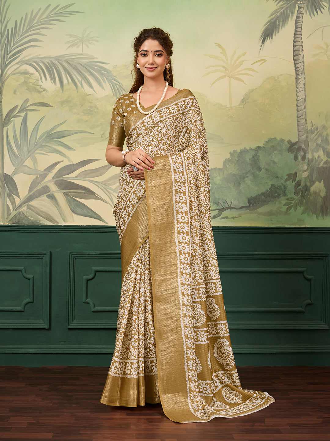 KcPc New BeautifulCotton Silk Batik Printed With Zari Border Work Saree STL