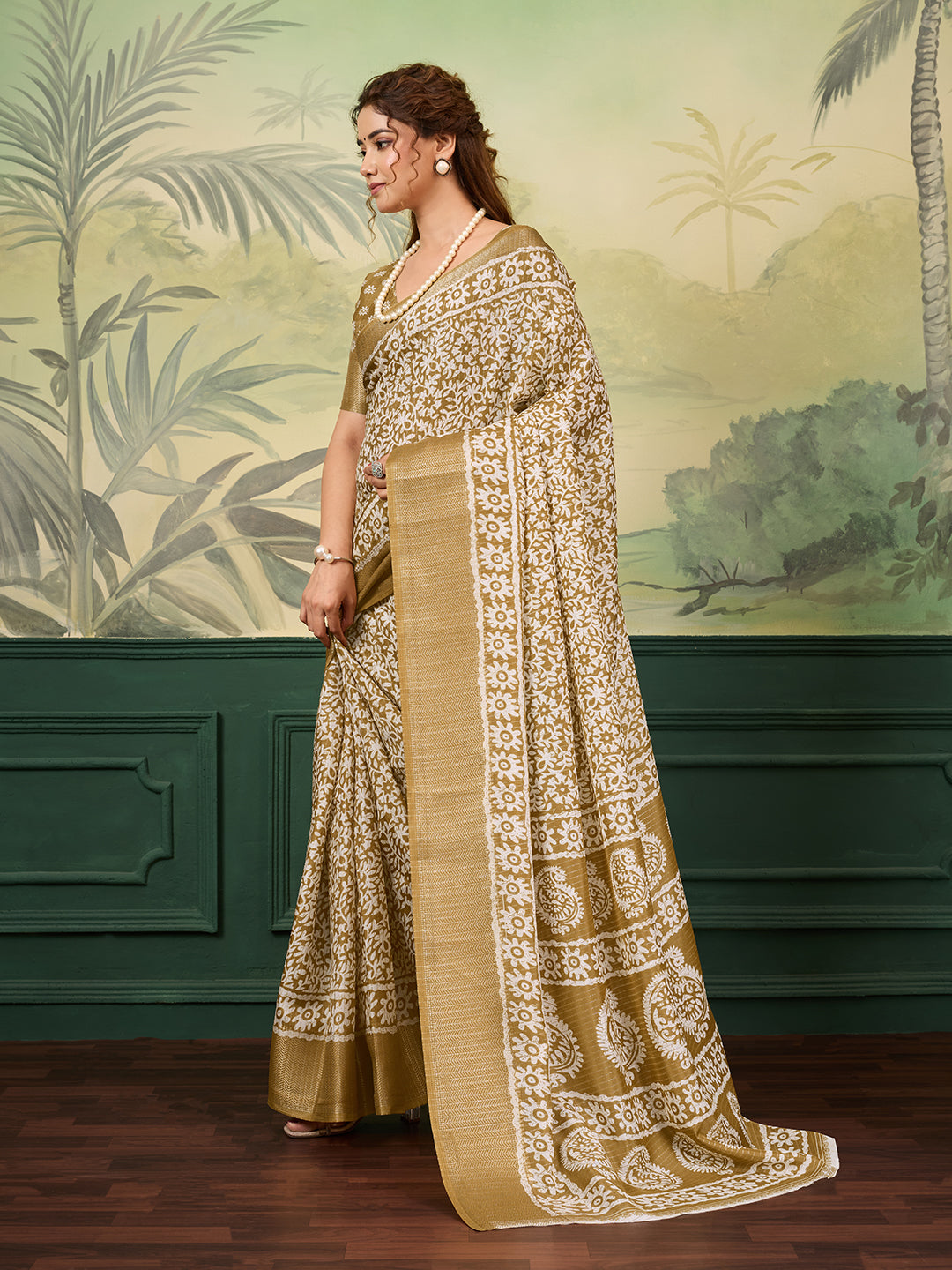 KcPc New BeautifulCotton Silk Batik Printed With Zari Border Work Saree STL