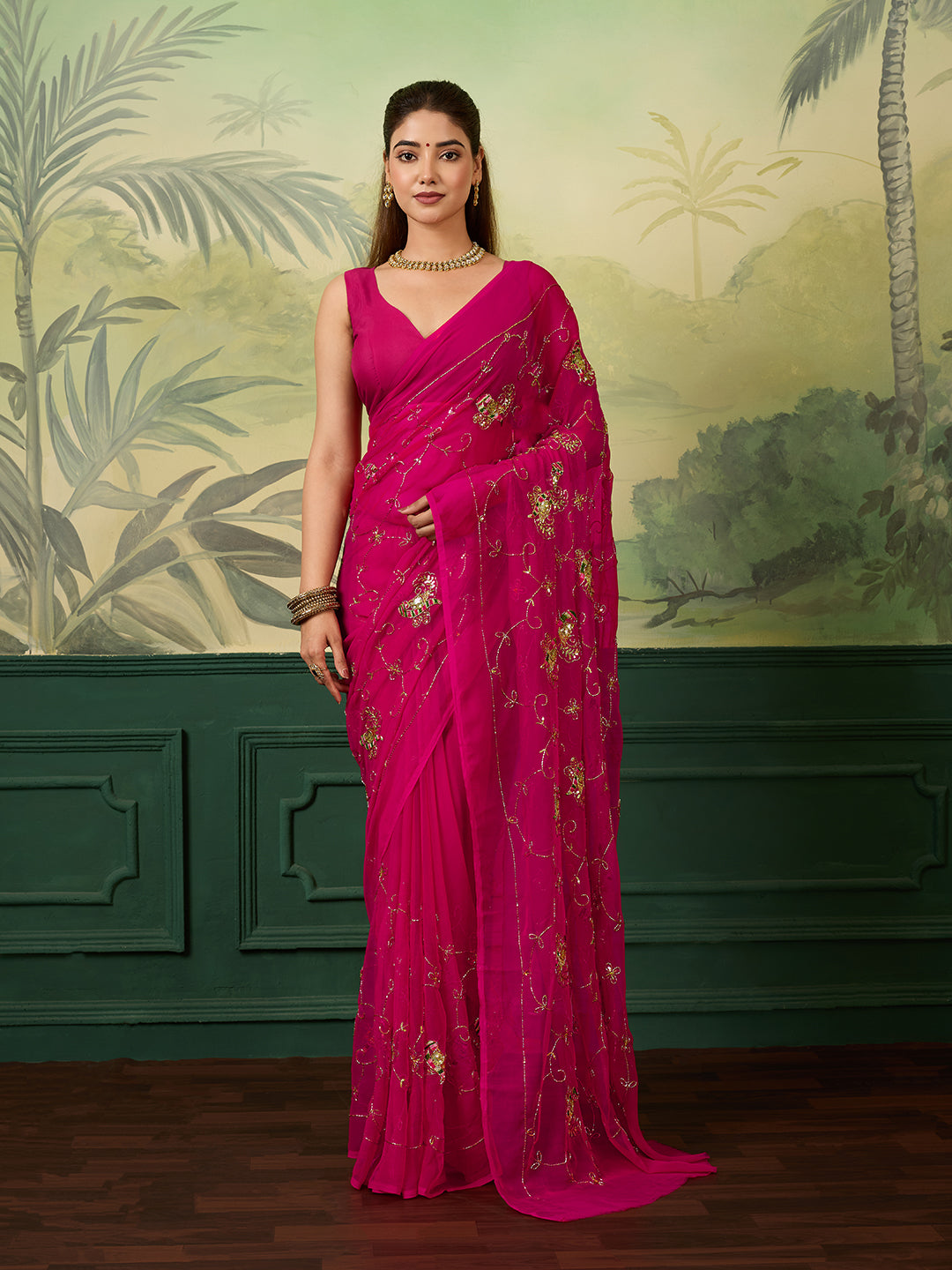 KcPc Chiffon Traditional Saree with Cutdana Embroidery Work