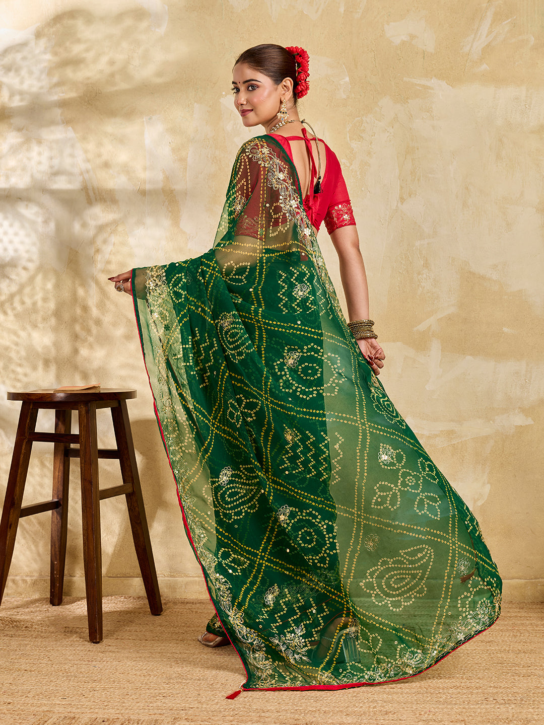 Buy Chiffon Saree Bandhani Style With Aari Work KcPc