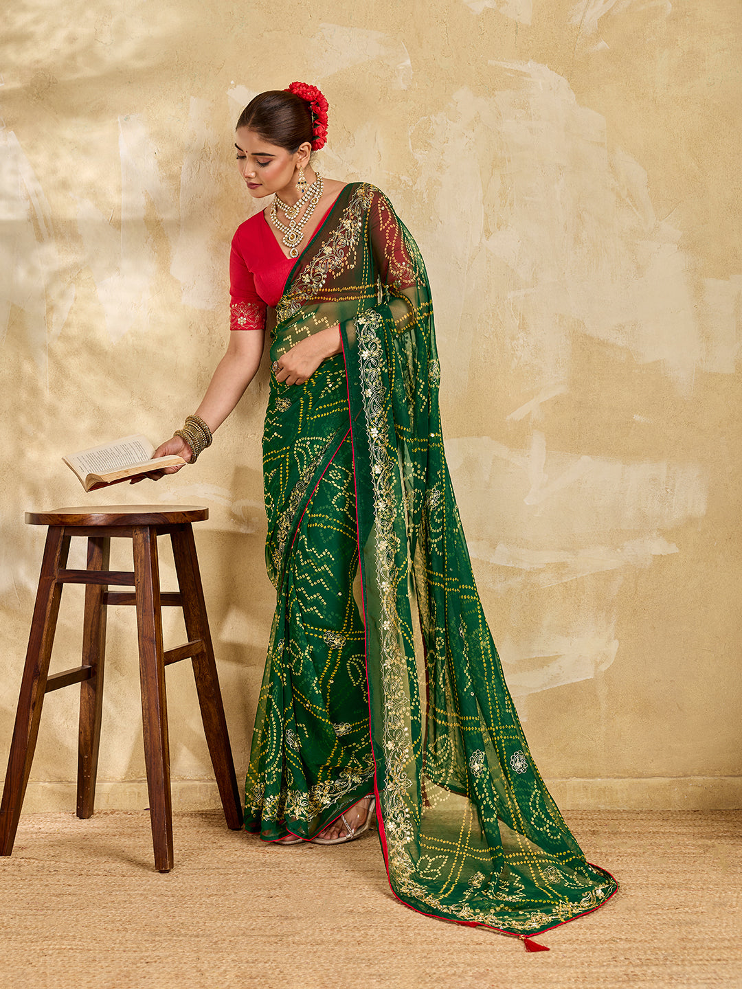 Buy Chiffon Saree Bandhani Style With Aari Work KcPc