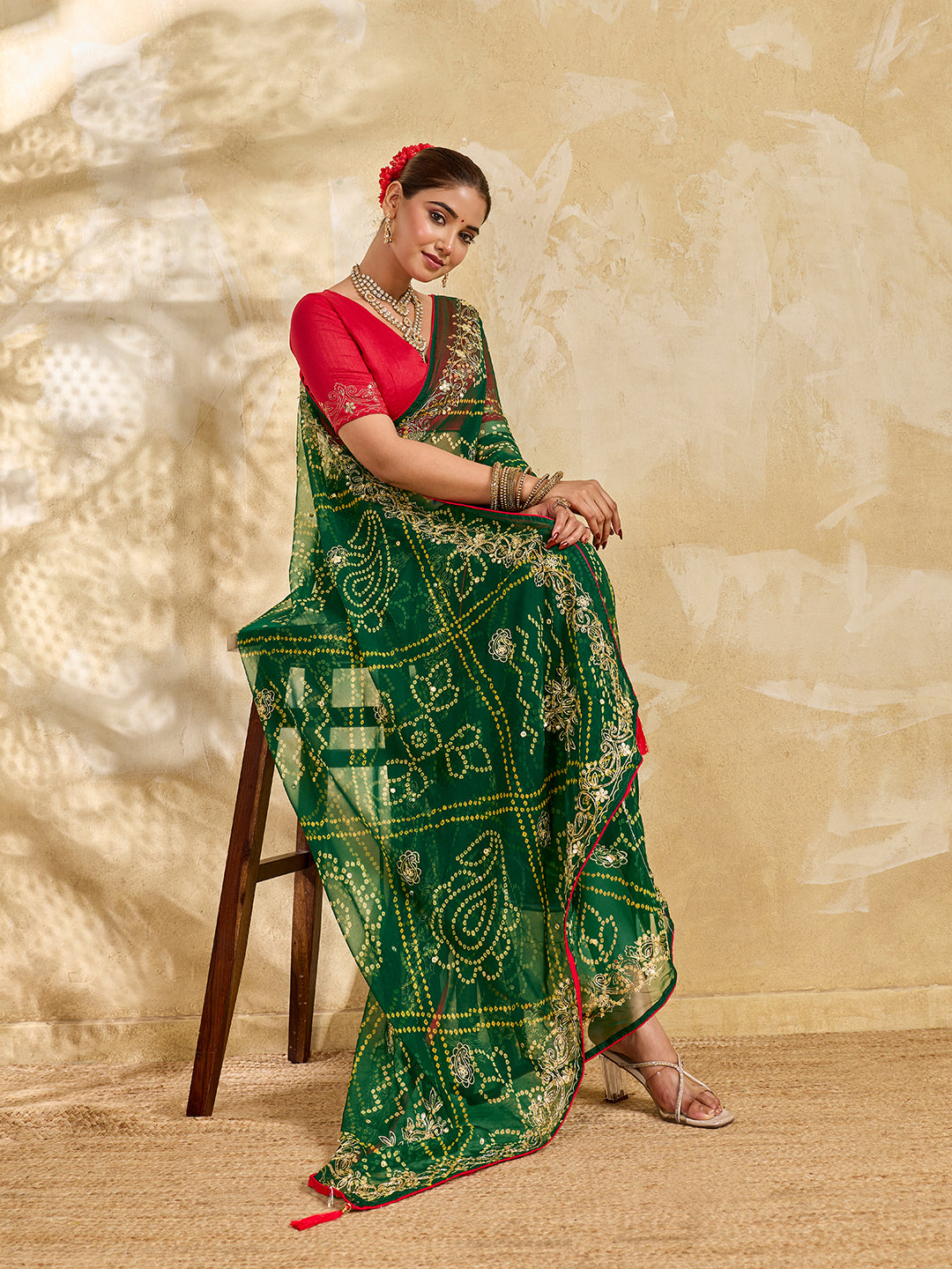 Buy Chiffon Saree Bandhani Style With Aari Work KcPc