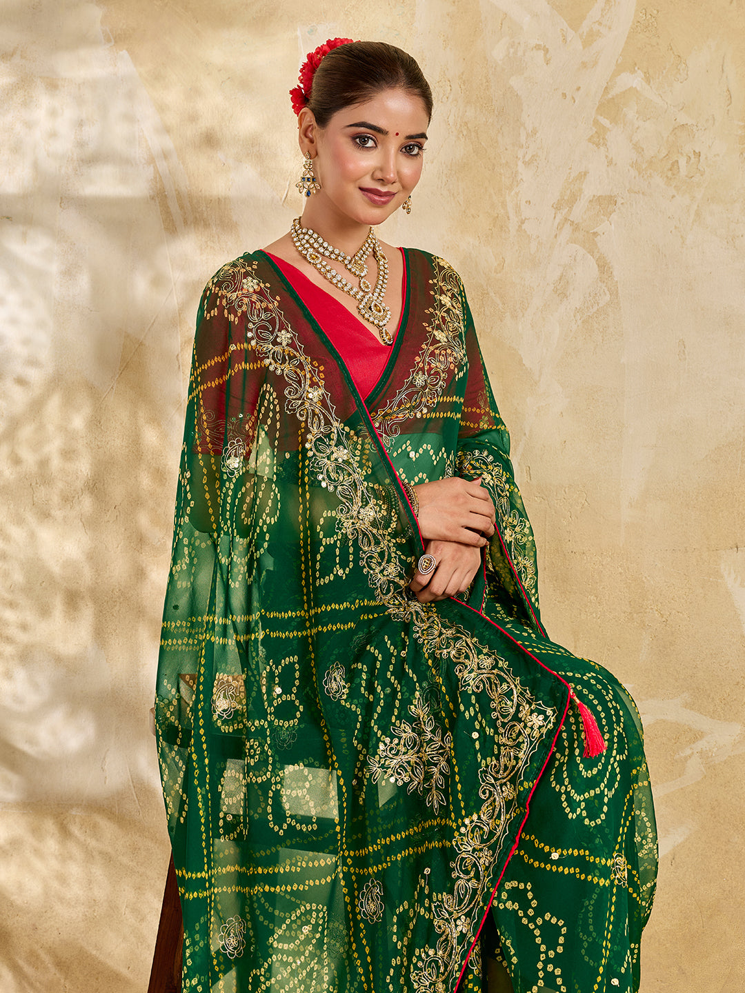 Buy Chiffon Saree Bandhani Style With Aari Work KcPc