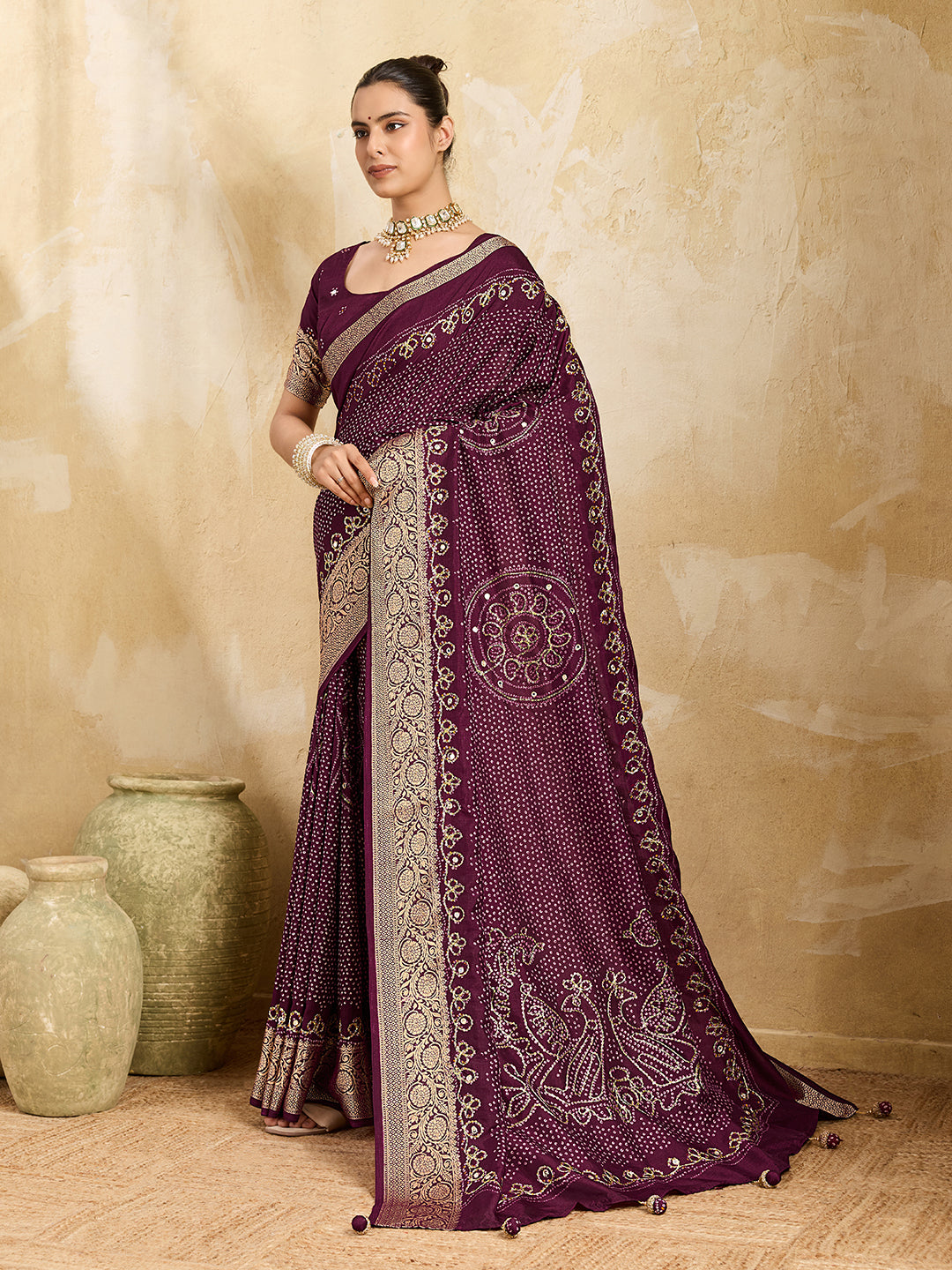 KcPc Beautiful Viscos Silk Bandhani PrintAari tari work Saree Green GAN