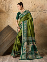 A green saree with Silk Printed Style With Zari Border Work