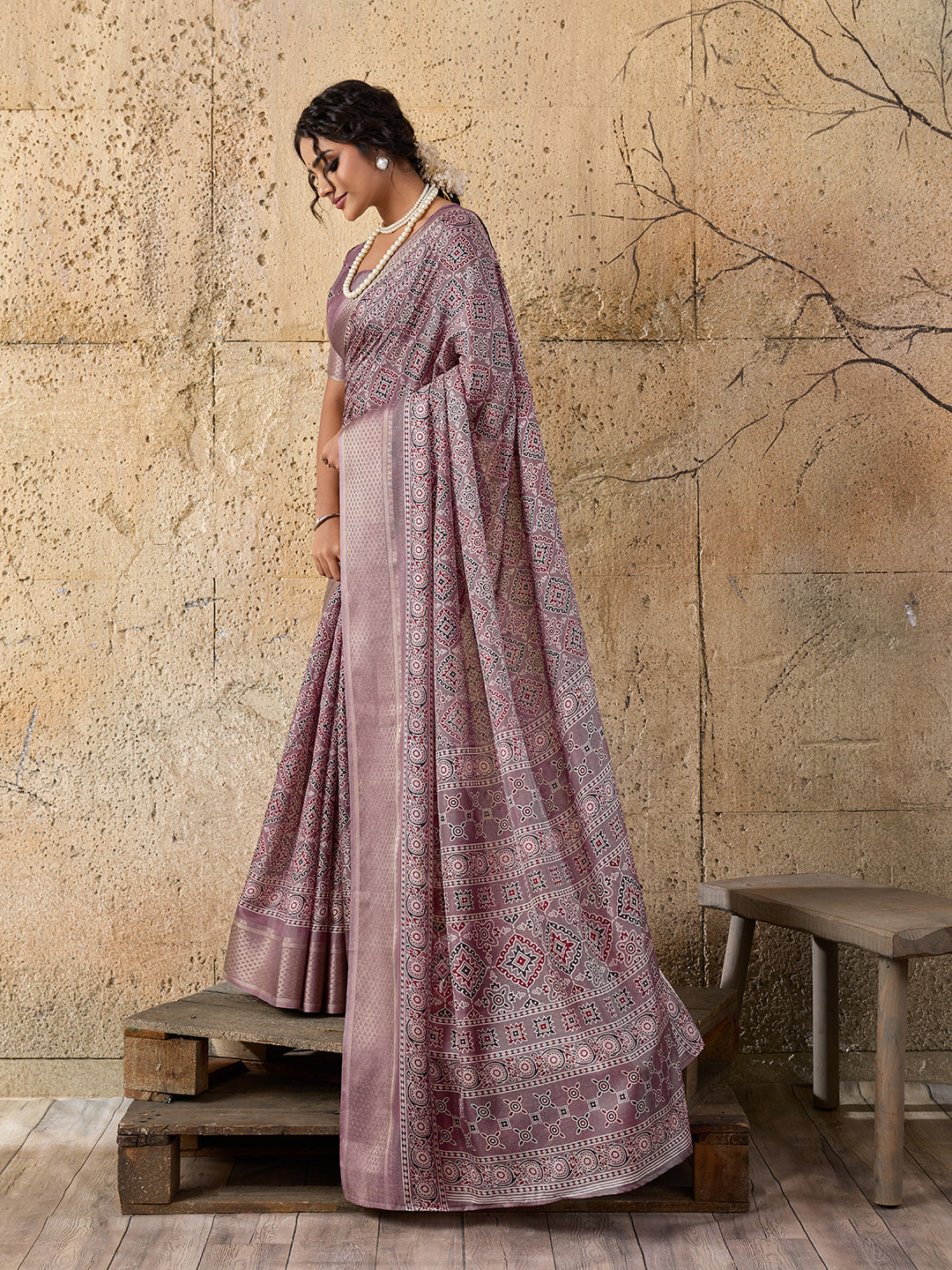 Buy Ajrakh style With Ajrakh HandPrint Work Saree