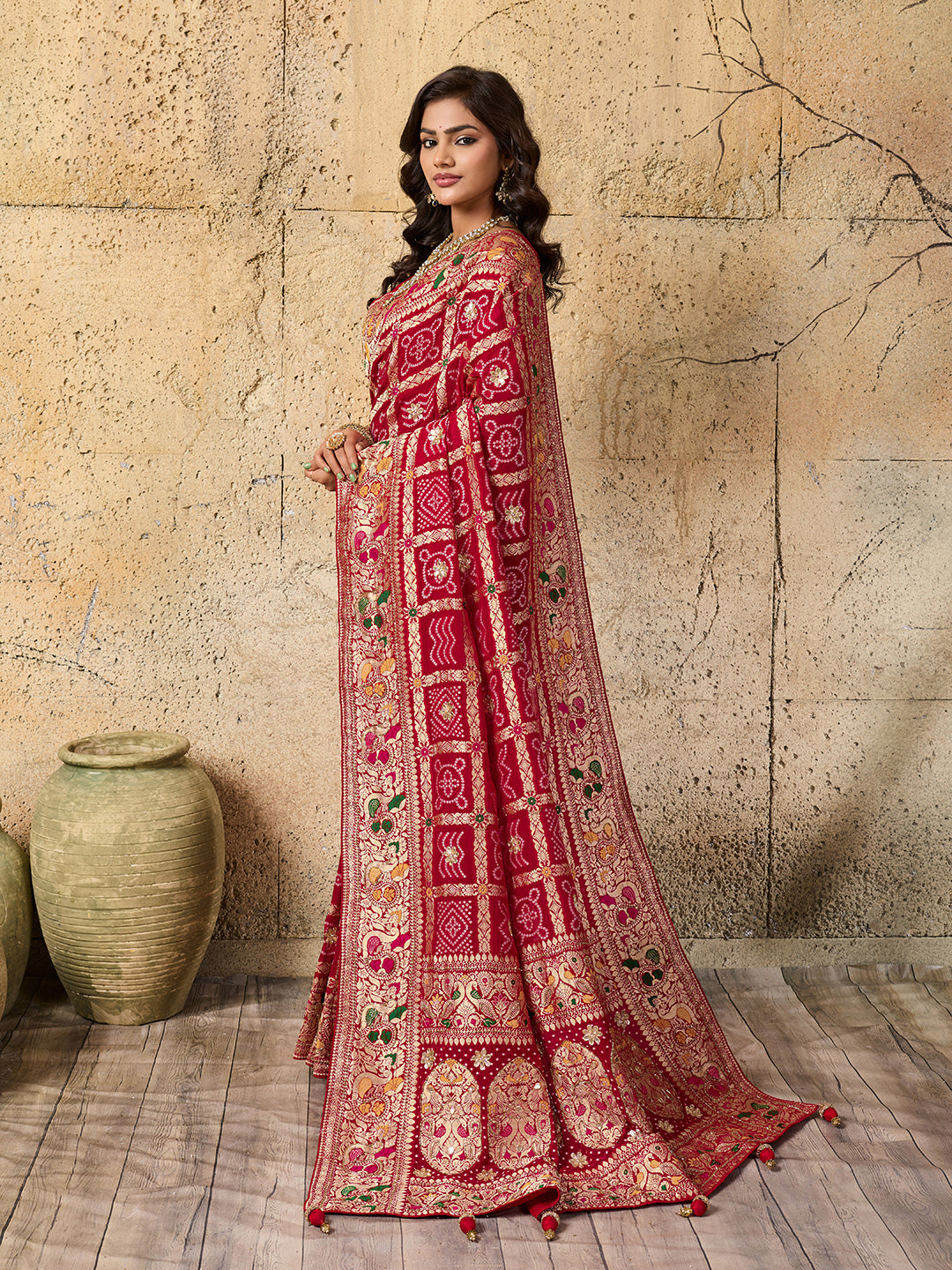Georgette Gharchola Bandhej Cutdana Gotapatti Work Saree