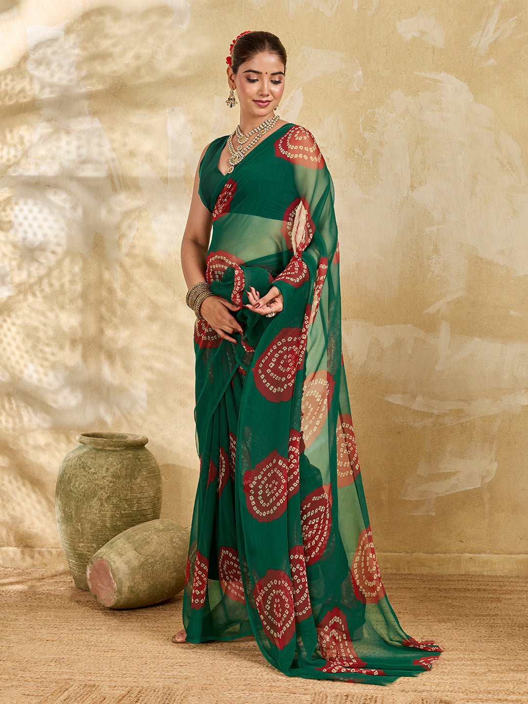 Agreen saree with bandhani print under 500