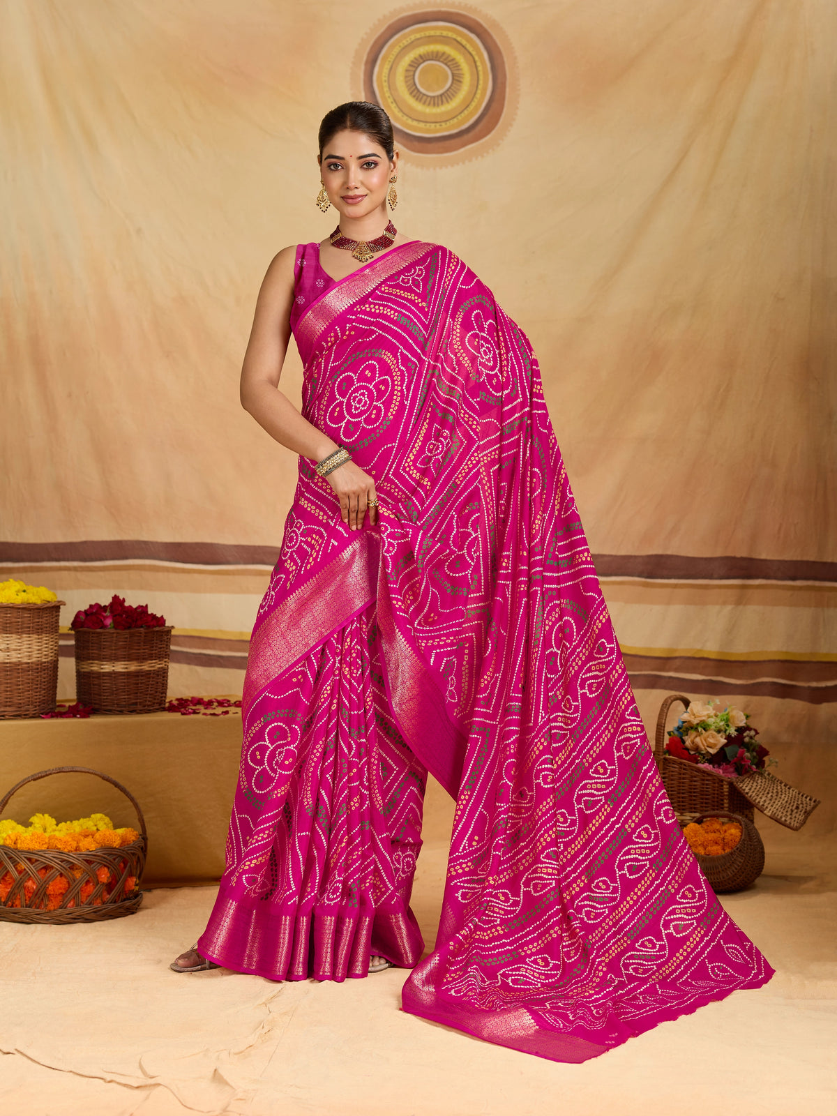 KcPc New Spiceal Cotton Silk Bandhani Style With Zari Border Work Saree STL
