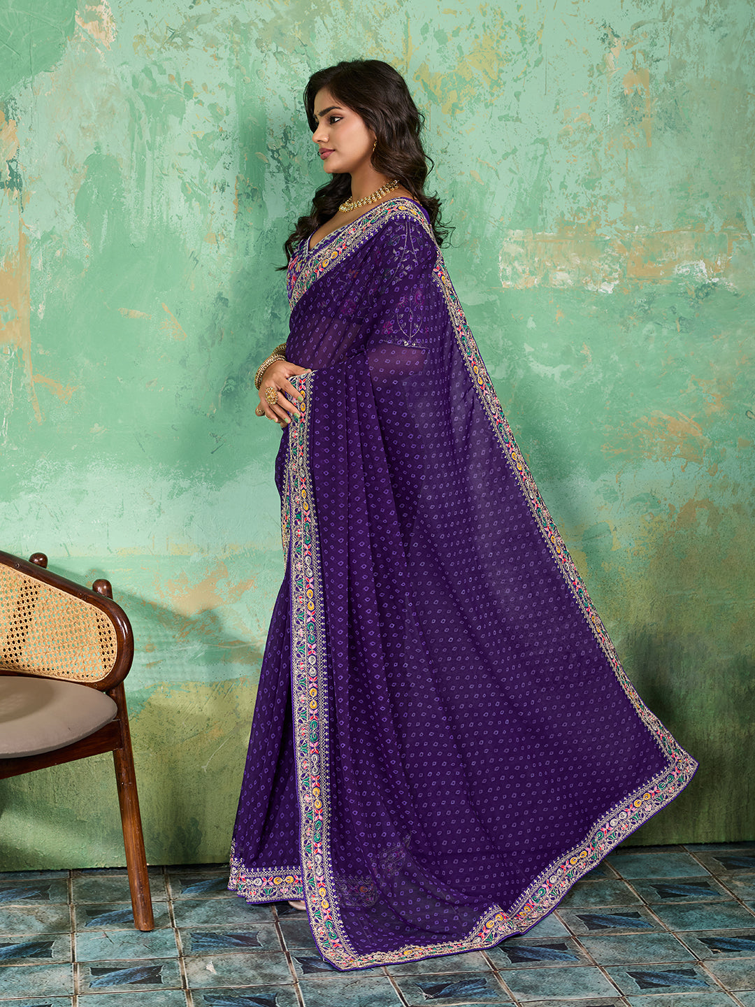 Georgette Bandhani With Gotapatti Work Sareein blue colour