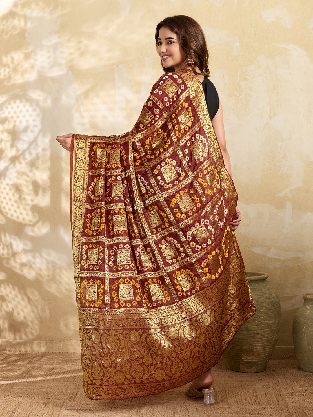 KcPc Royal Look Jacquard Silk Dupatta with Authentic Handmade Bandhani
