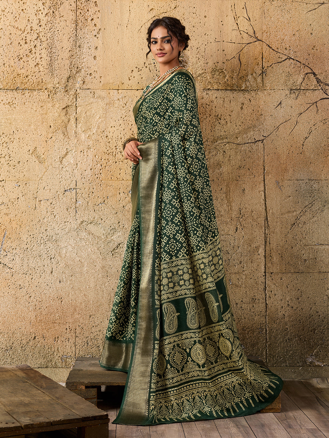 KcPc New beautifulCotton silk Ajrakh style With Ajrakh HandPrint Work Saree STL