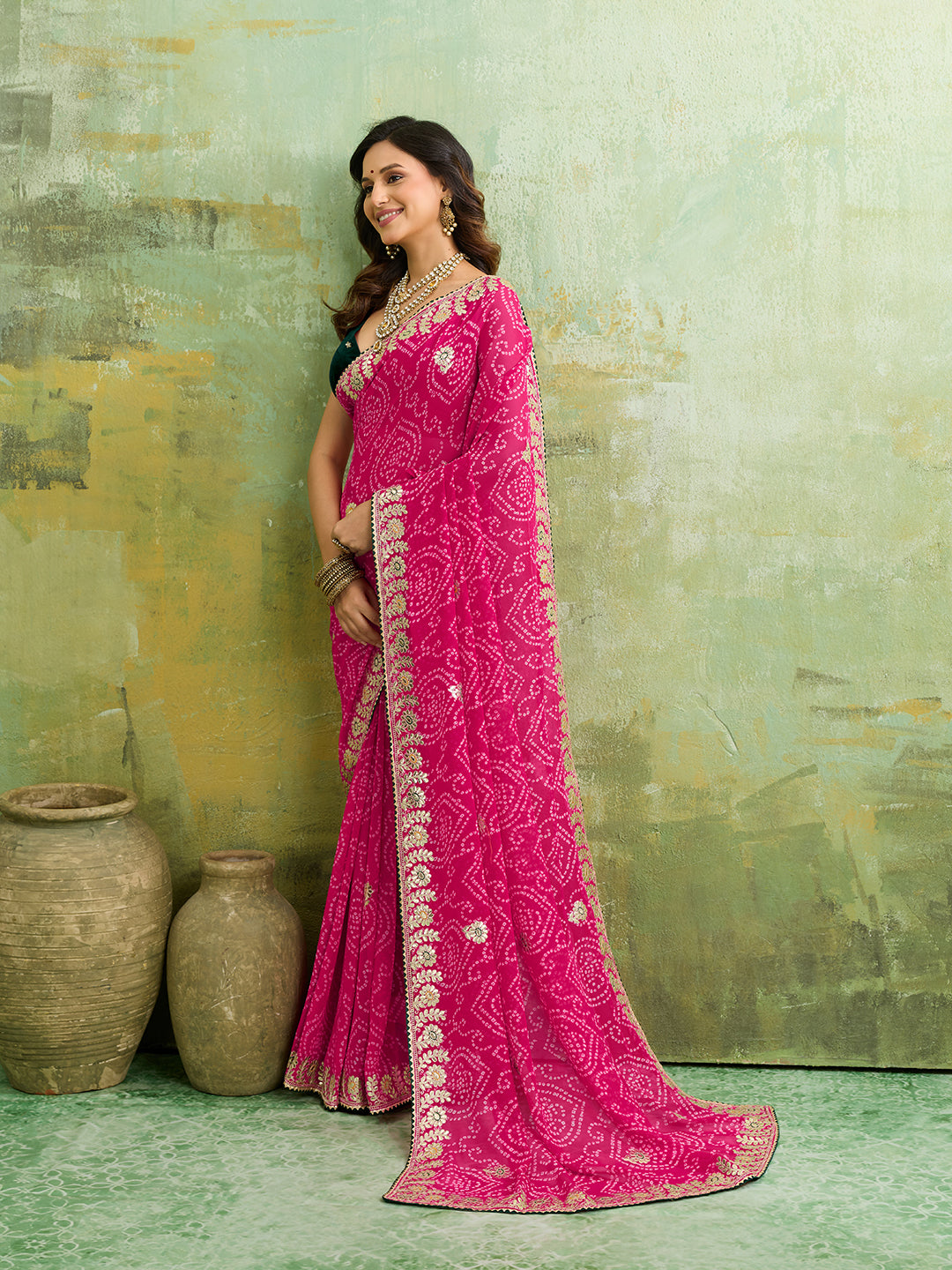 Buy Designer Georgette Bandhani Saree with Gota Patti Work Kcpc