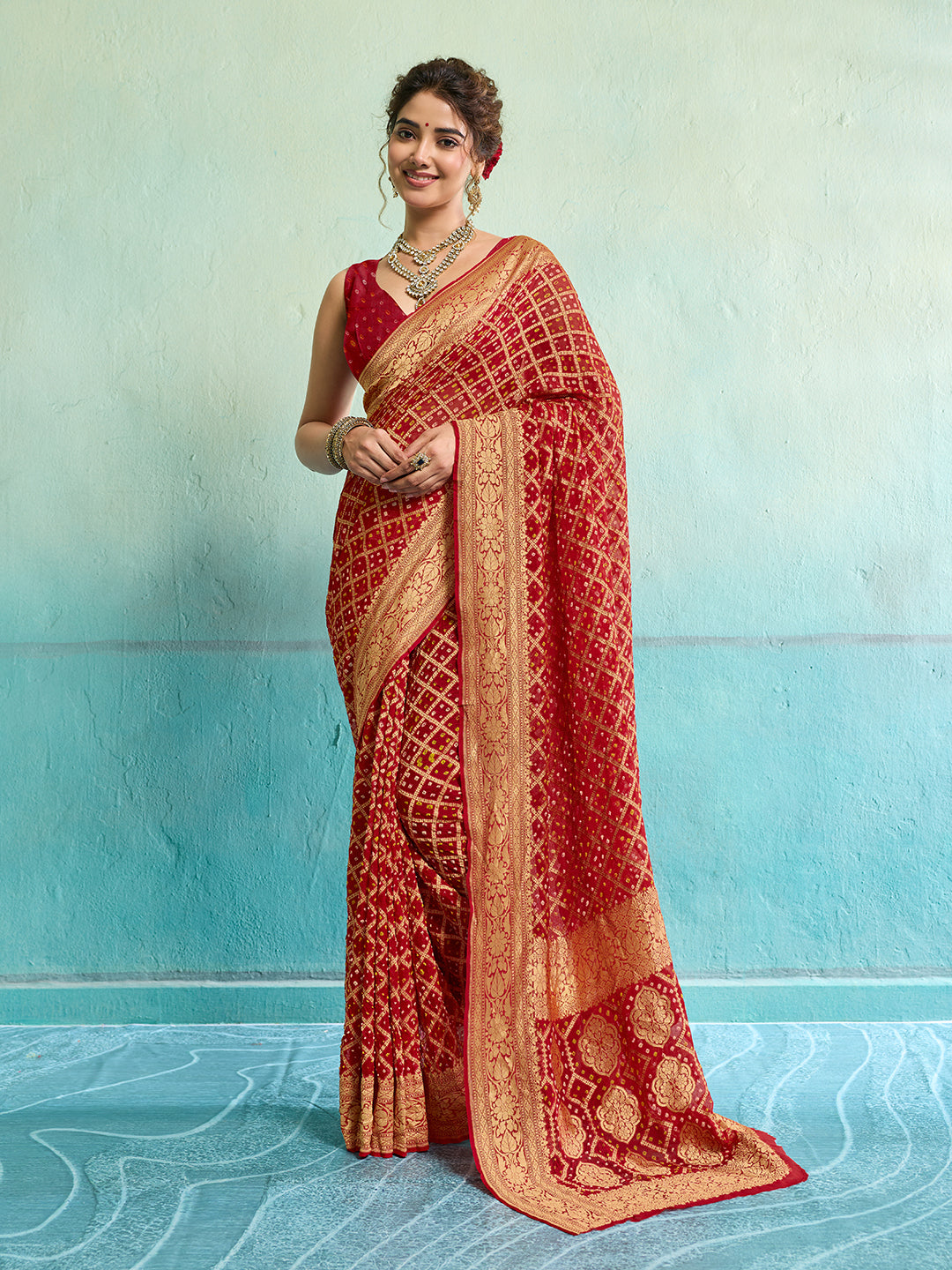 KcPc New Launch Pure Khaddi Georgette Upada Neemzari Bandhej SareeRed