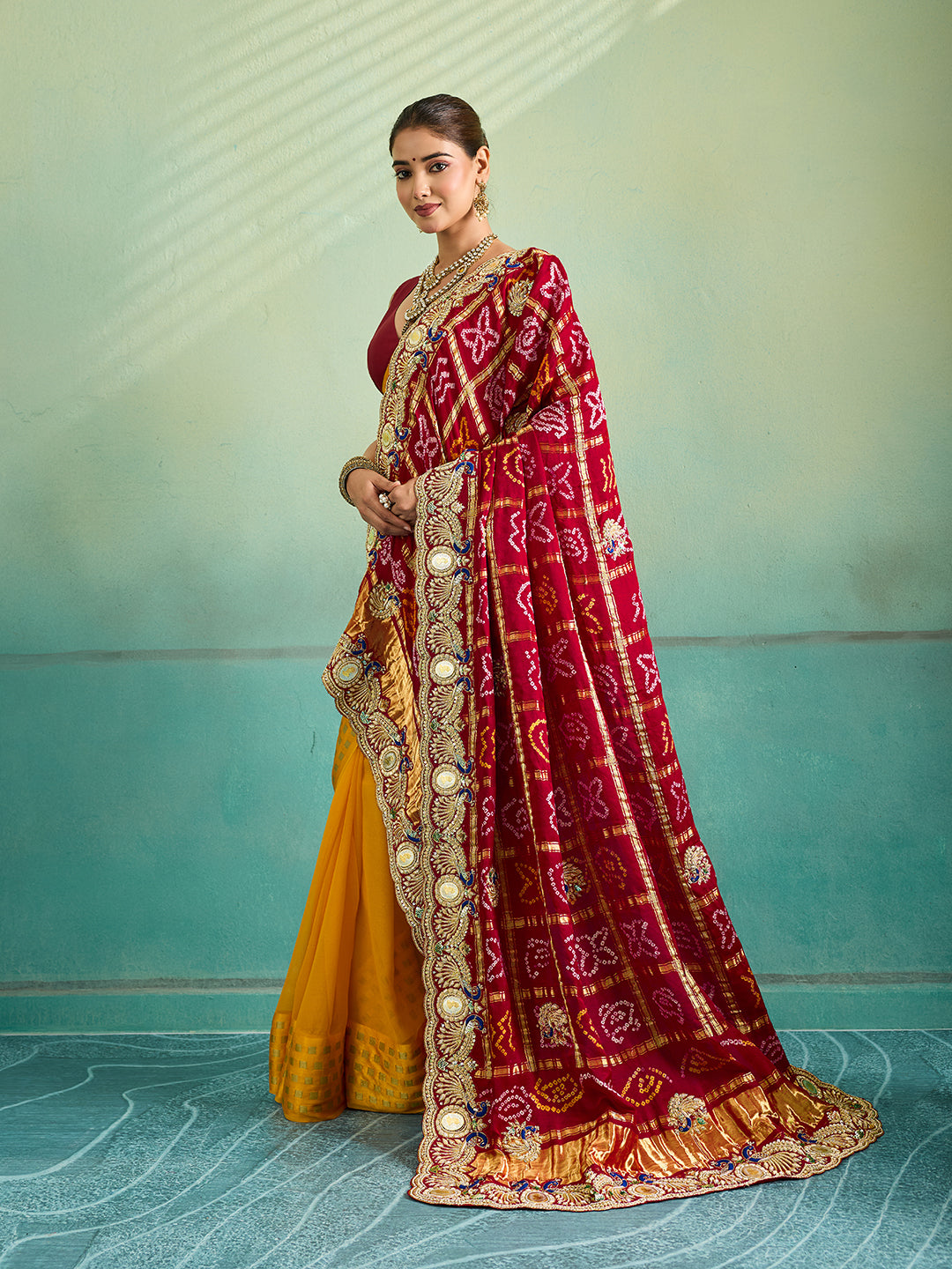 KcPc Royal Gaji Silk Bandhani Pila Chunri with Fine Zardosi Work With Silver CoinsMNL