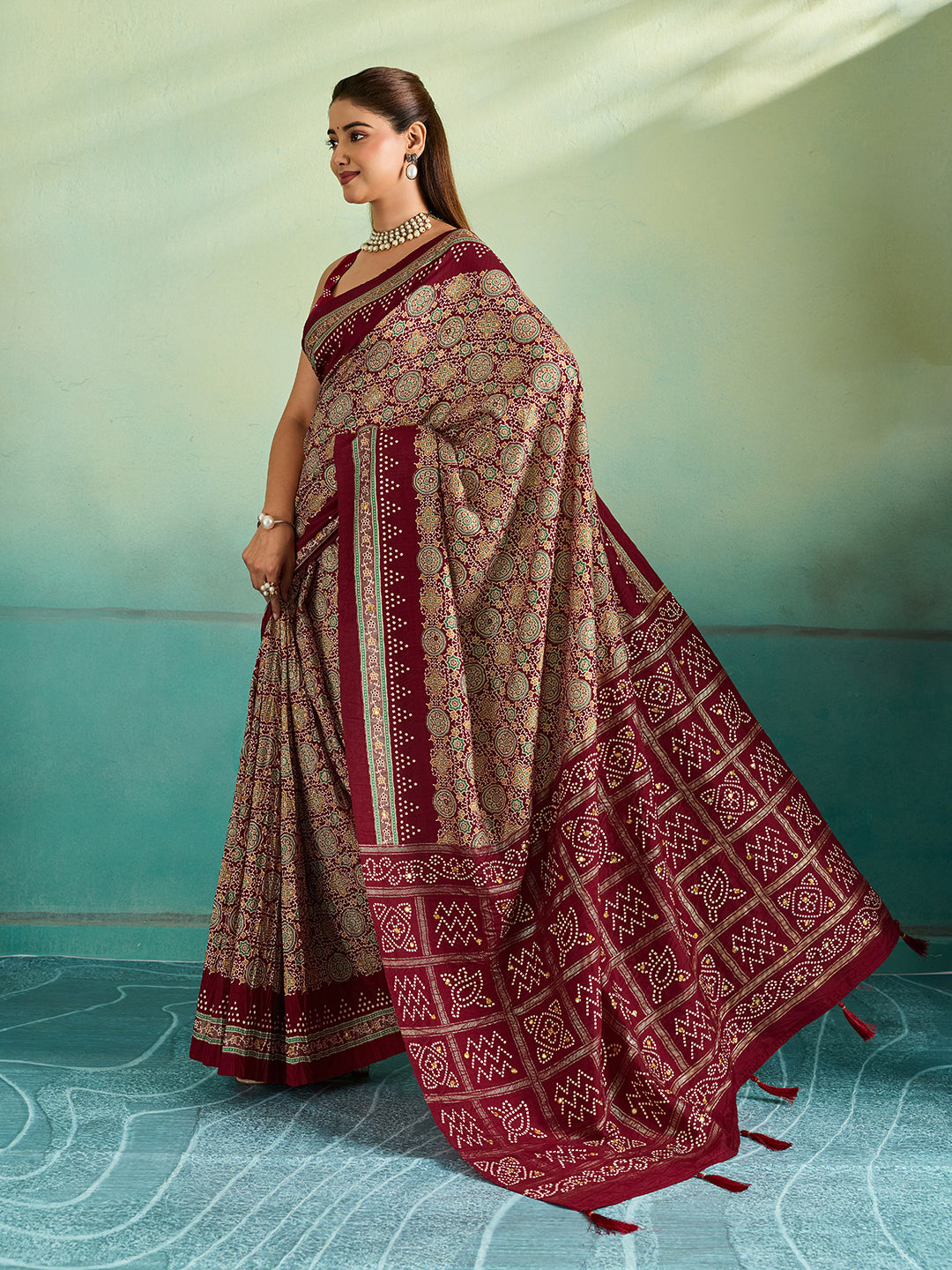 KcPc Tussar Silk Ajrakh Saree with Aari & Aabla WorkSTR