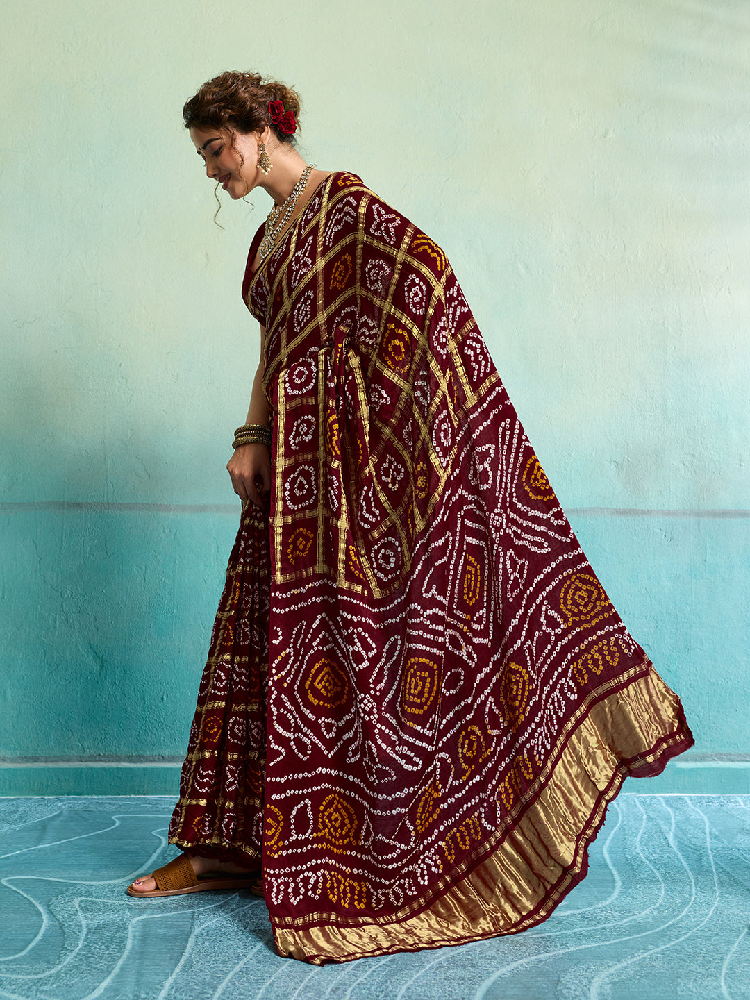 KcPc Pure Gaji Silk Bandhani Ghatchola SareeMehroon