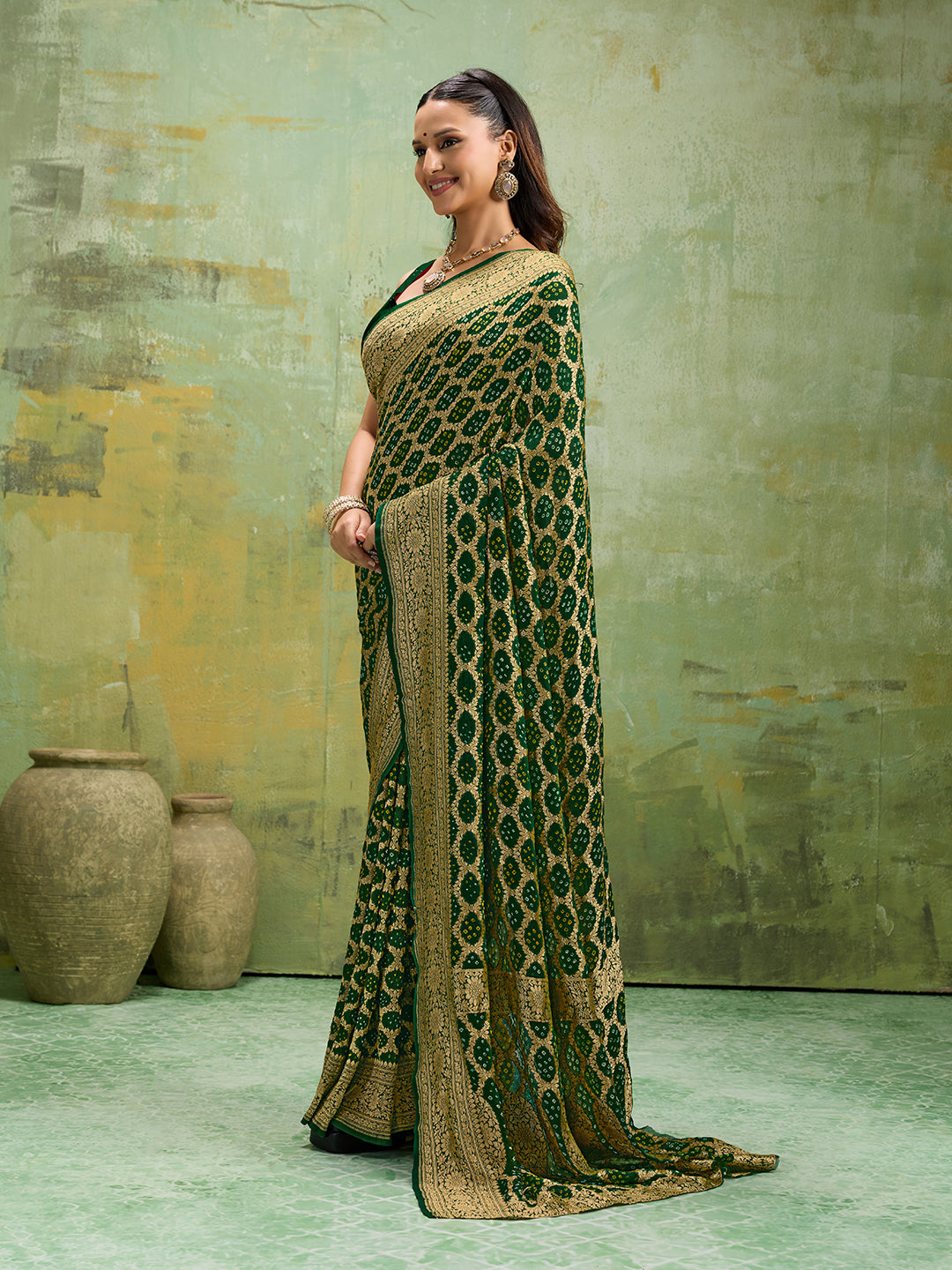 KcPc Latest New Launch Pure Khaddi Georgette Upada Neemzari Bandhej SareeBottle Green