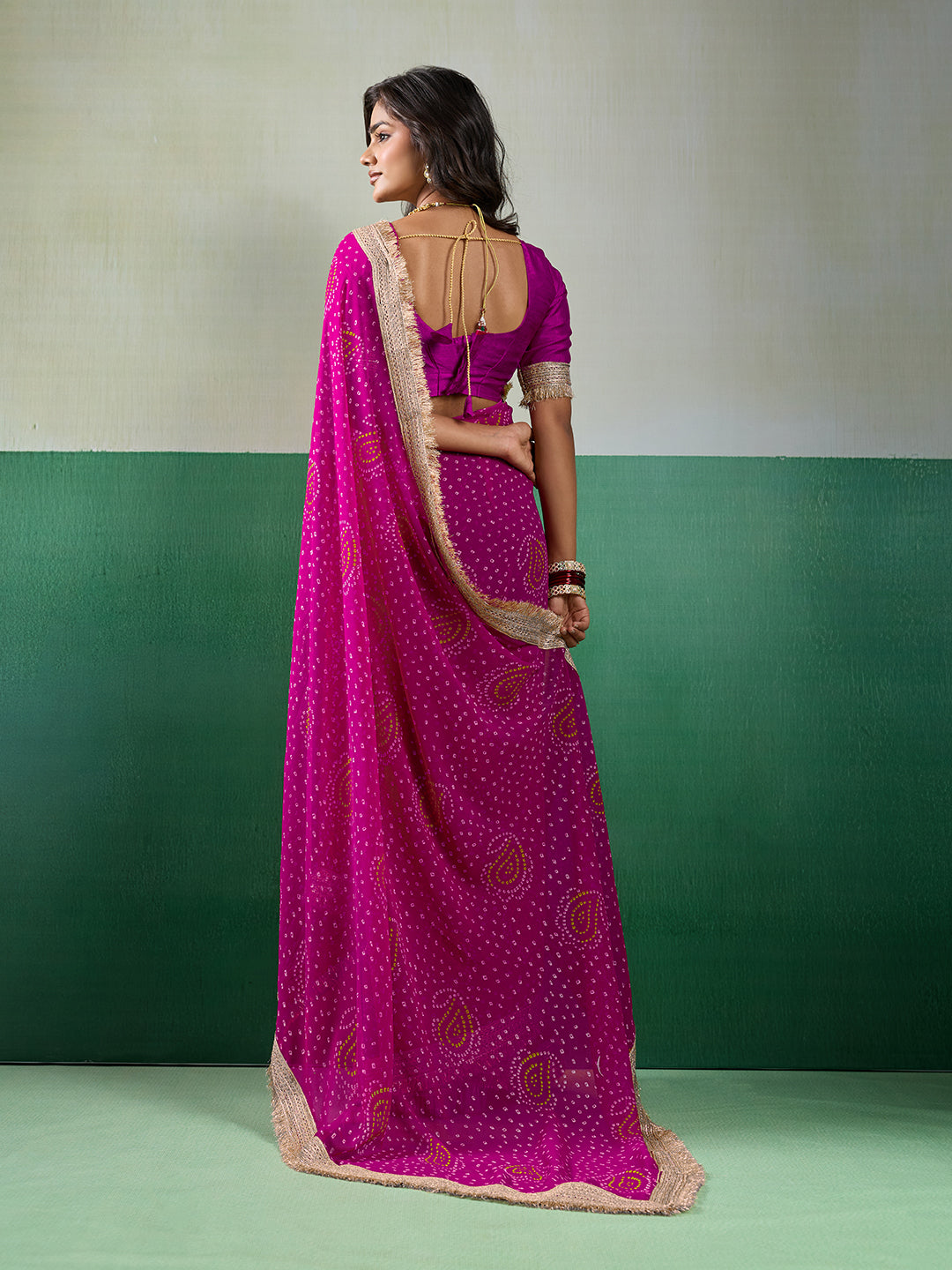 KcPc Stylish Bandhani Pattern Georgette Saree with Embroidery Touch KDN