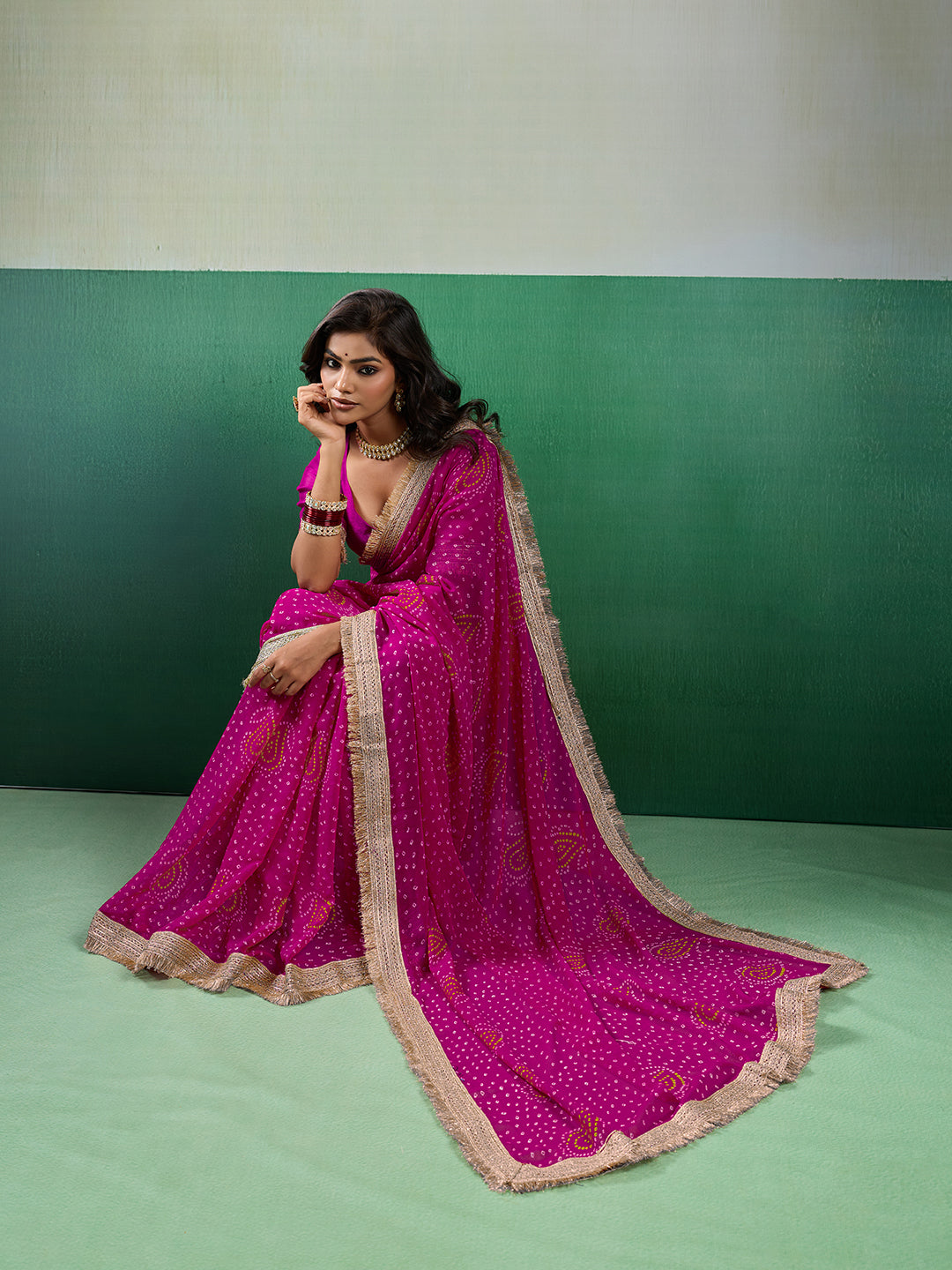 KcPc Stylish Bandhani Pattern Georgette Saree with Embroidery Touch KDN