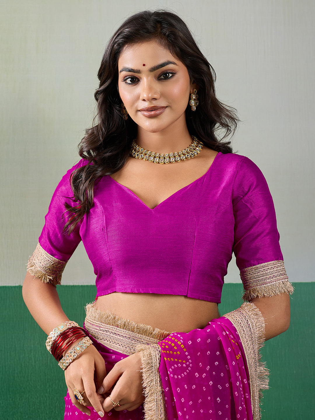 KcPc Stylish Bandhani Pattern Georgette Saree with Embroidery Touch KDN