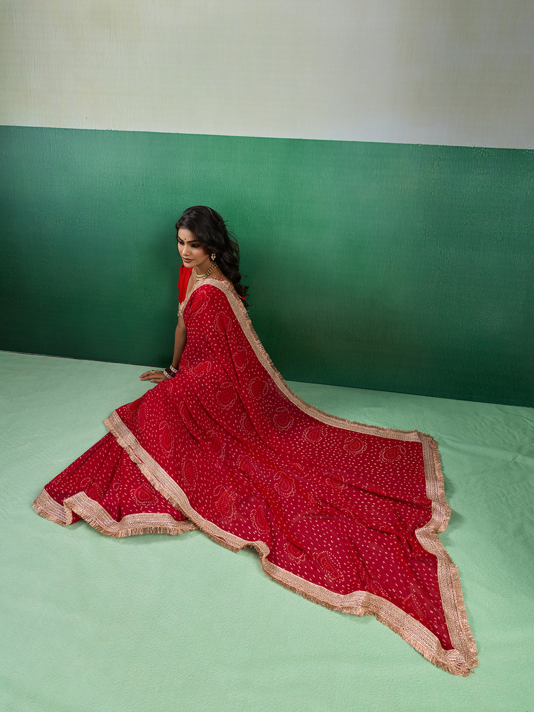 KcPc Beautifully Crafted Bandhani Georgette Saree with Embroidery KDN
