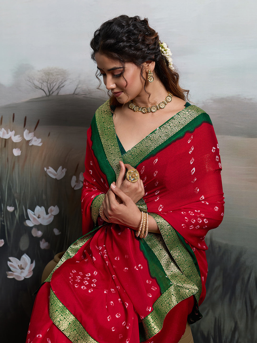 KcPc New Arrival Moos Chiffon Georgette Bandhani Sarees KDM