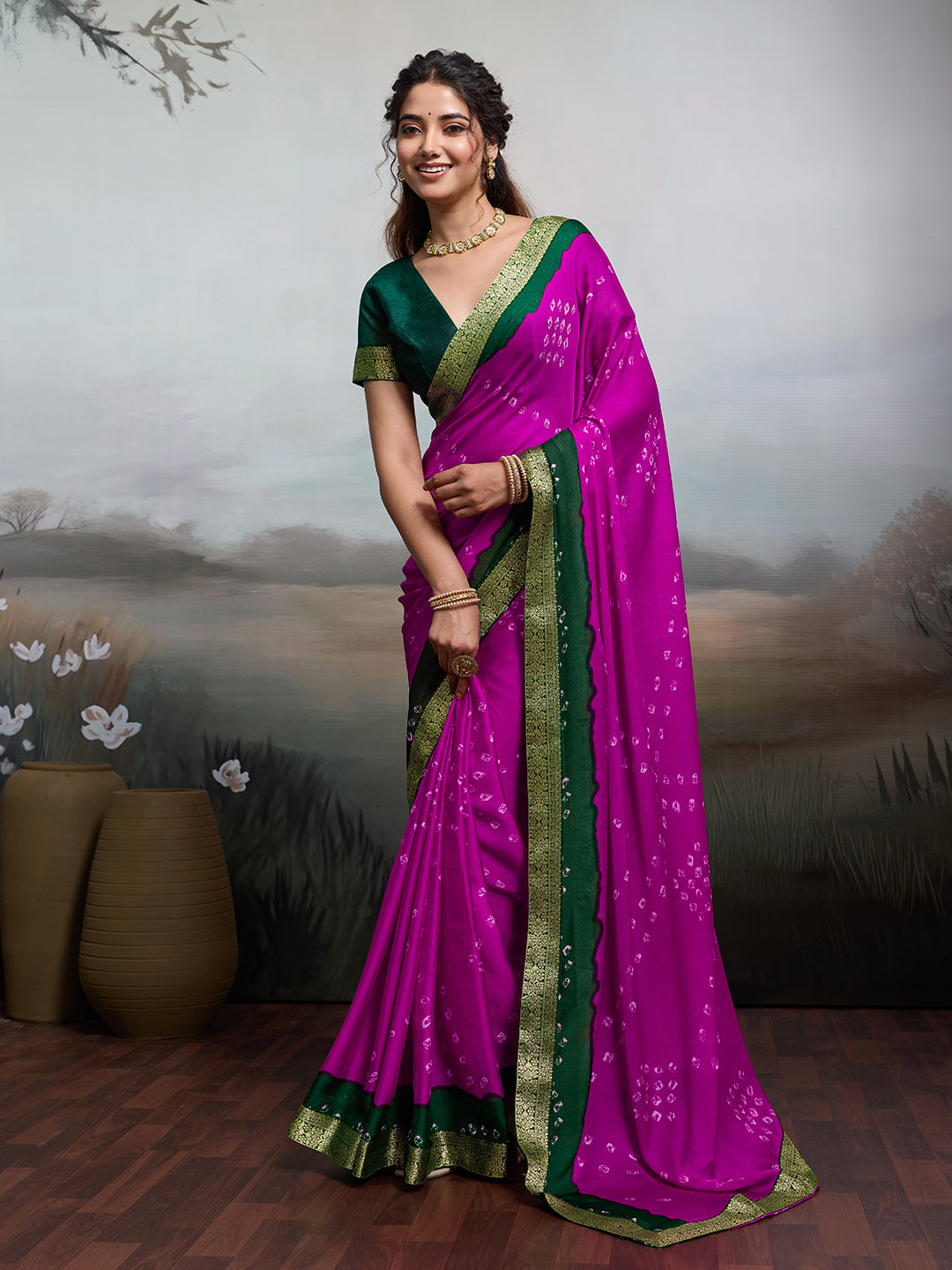 KcPc New Moss Chiffon Georgette Bandhani SareesRani GreenKDM