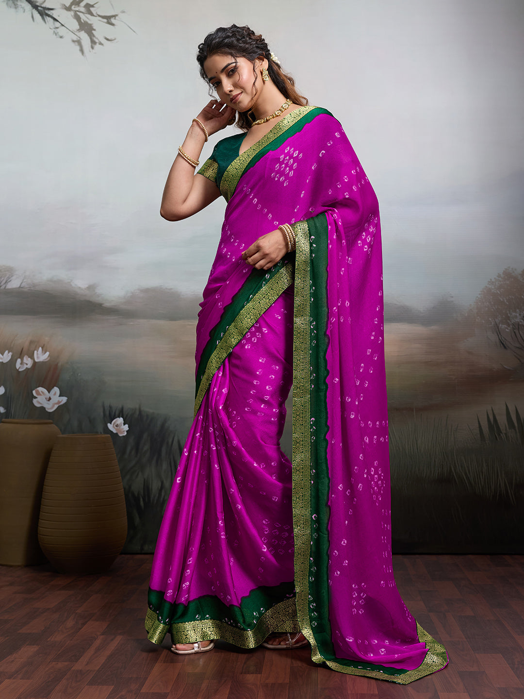 KcPc New Moss Chiffon Georgette Bandhani SareesRani GreenKDM