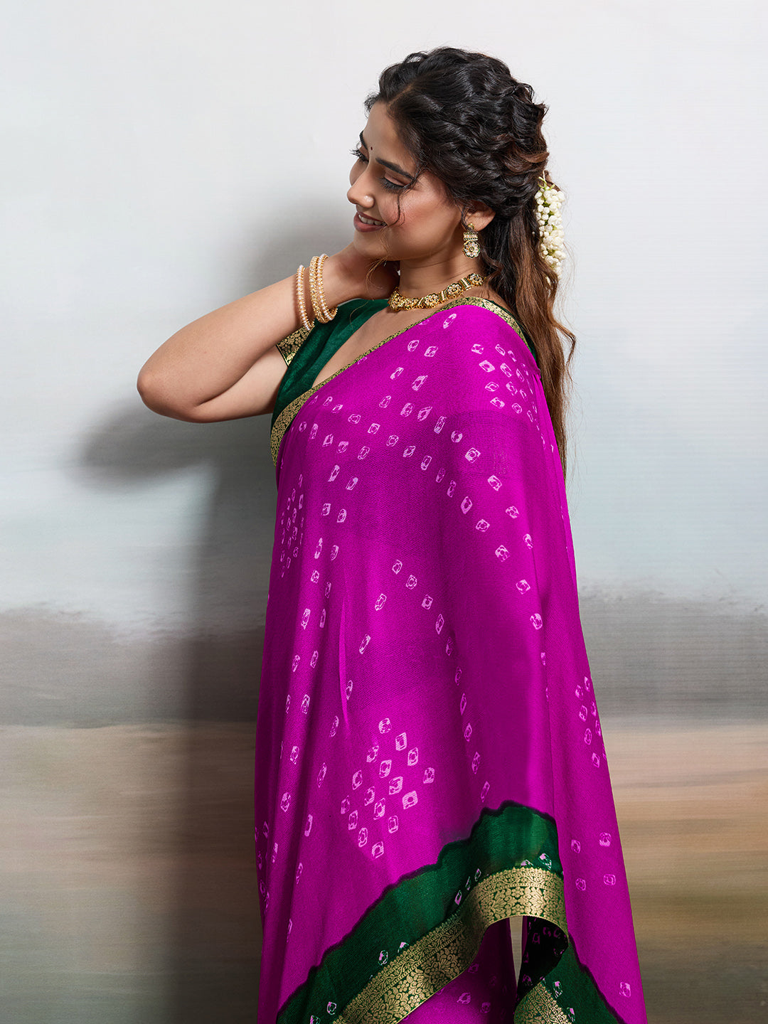 KcPc New Moss Chiffon Georgette Bandhani SareesRani GreenKDM