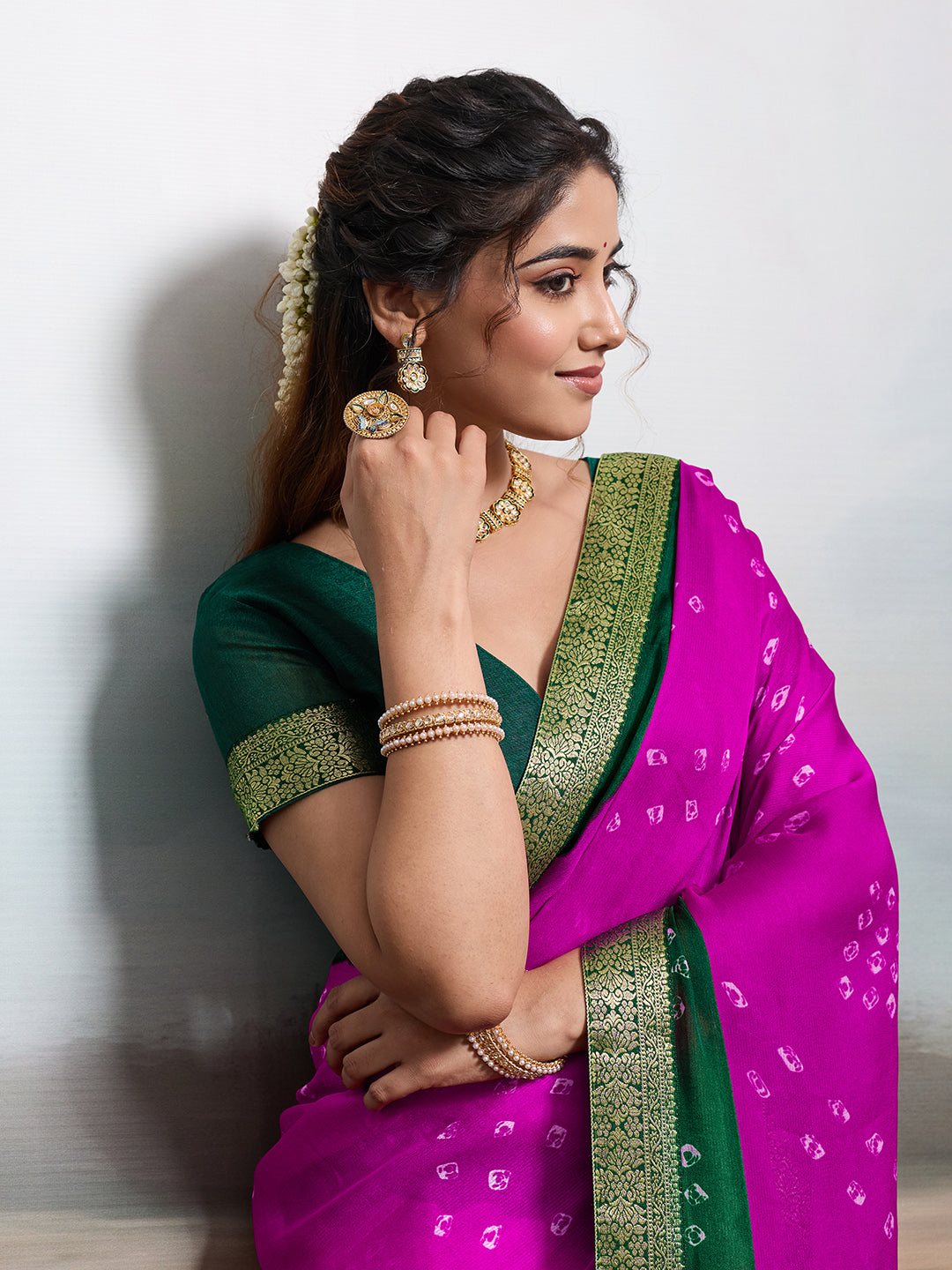 KcPc New Moss Chiffon Georgette Bandhani SareesRani GreenKDM