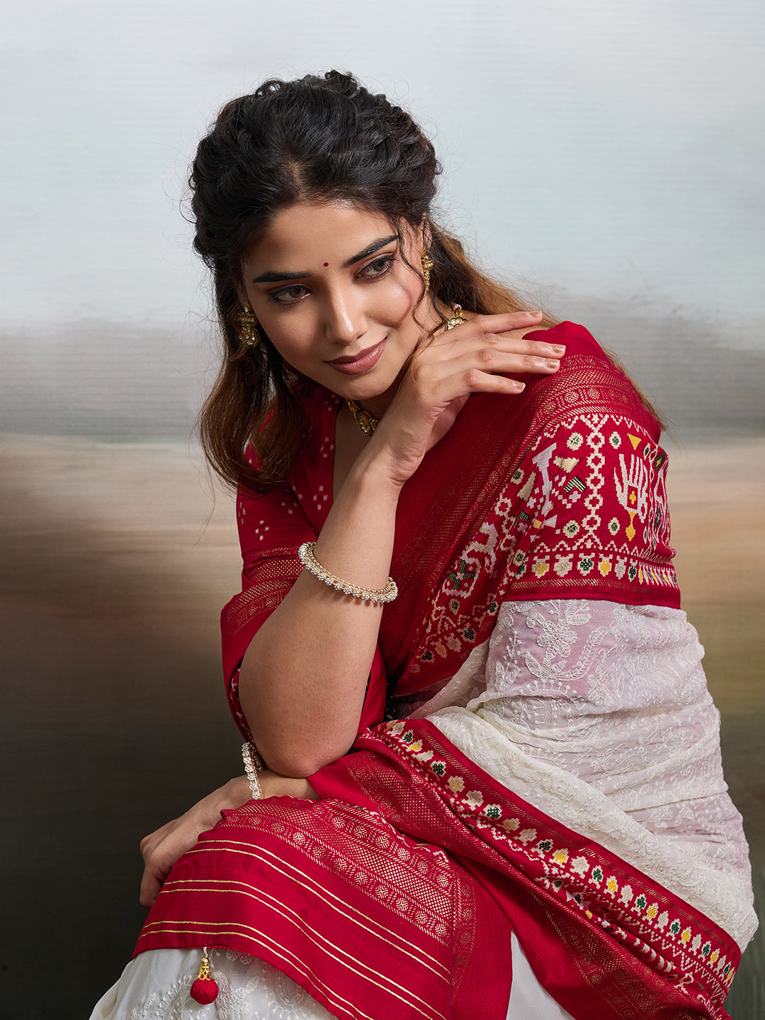 KcPc Pure Georgette Chikankari Work Patola Handprint Saree With BlouseSTR